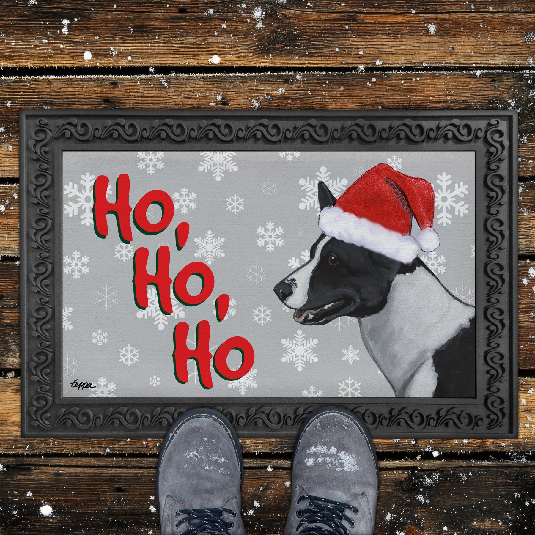 Canaan Dog Ho Ho Ho Door Mat in Grey