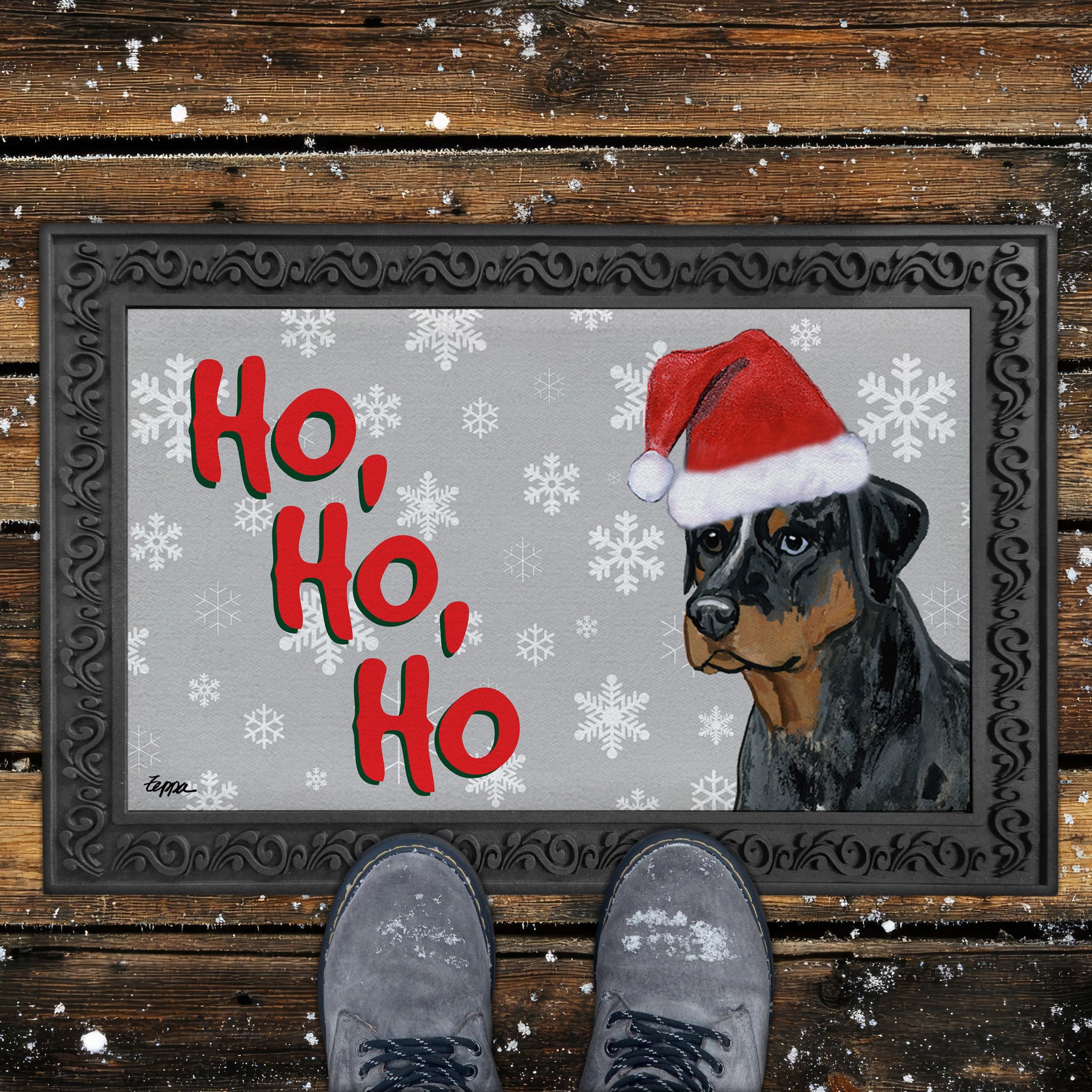 Catahoula Leopard Dog Ho Ho Ho Door Mat in Grey