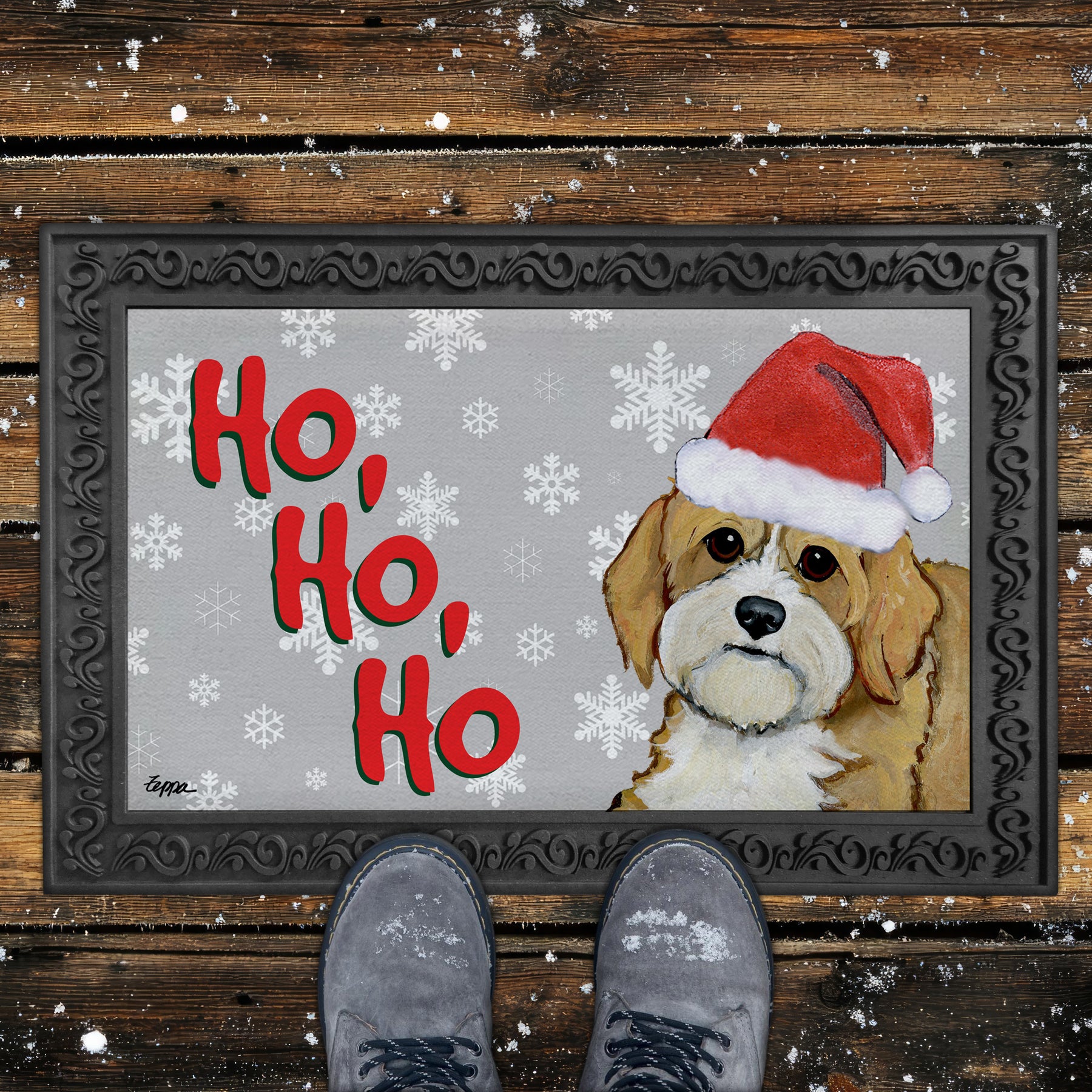 Cavapoo Ho Ho Ho Door Mat in Grey