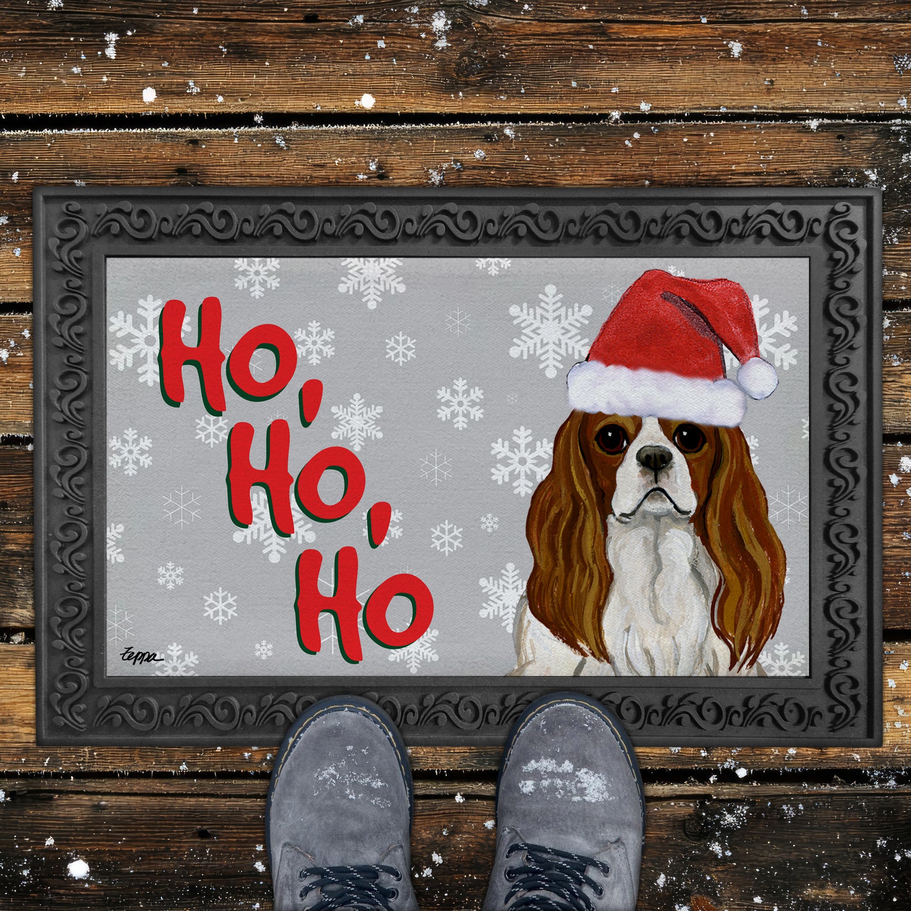 Cavalier King Charles Spaniel Ho Ho Ho Door Mat in Grey