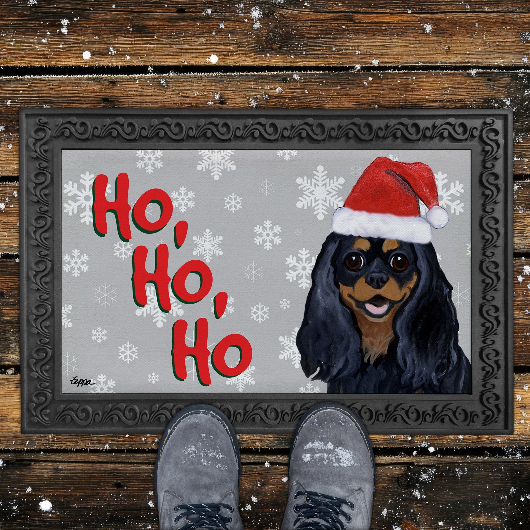 Black and Tan Cavalier King Charles Spaniel Ho Ho Ho Door Mat in Grey