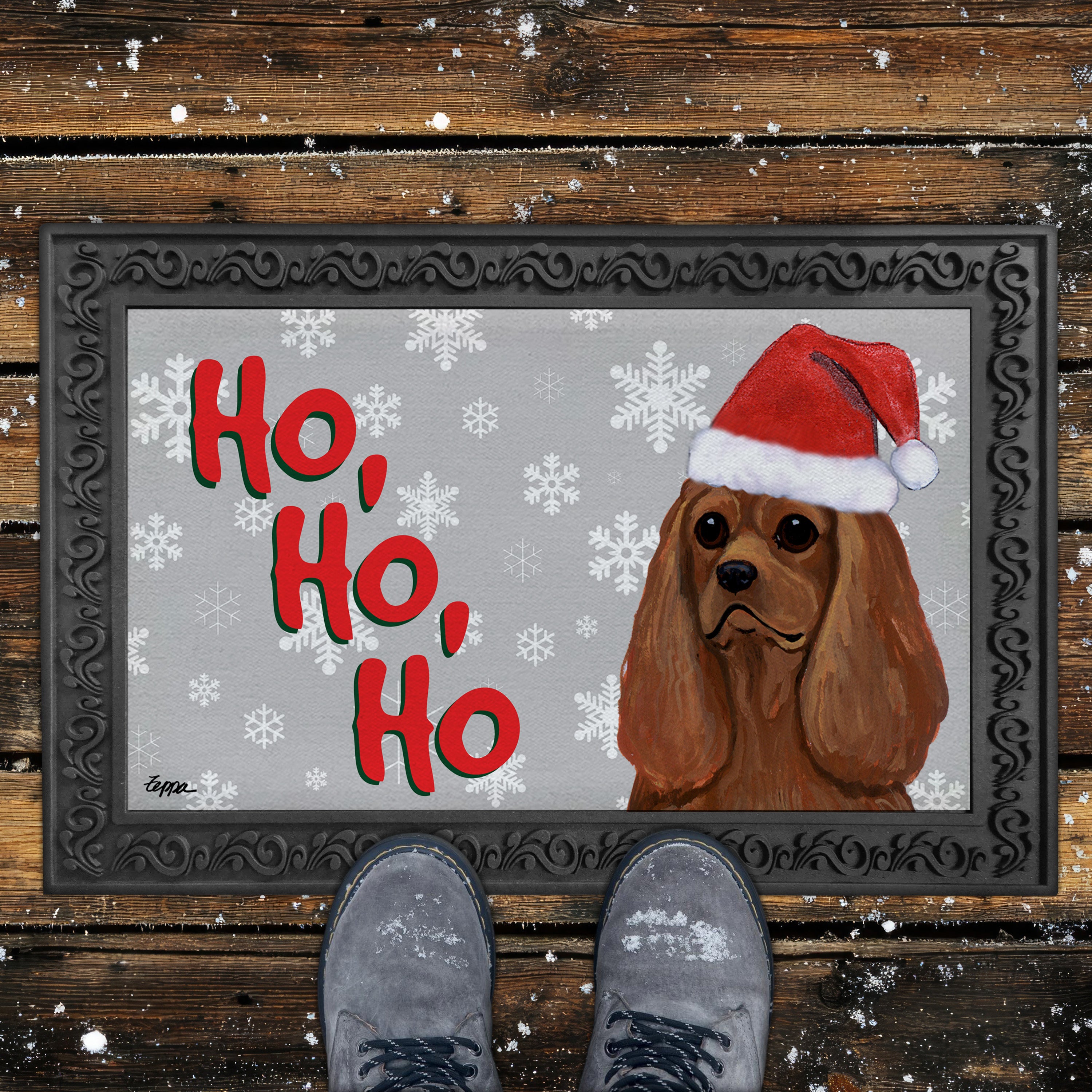 Ruby Cavalier King Charles Spaniel Ho Ho Ho Door Mat in Grey