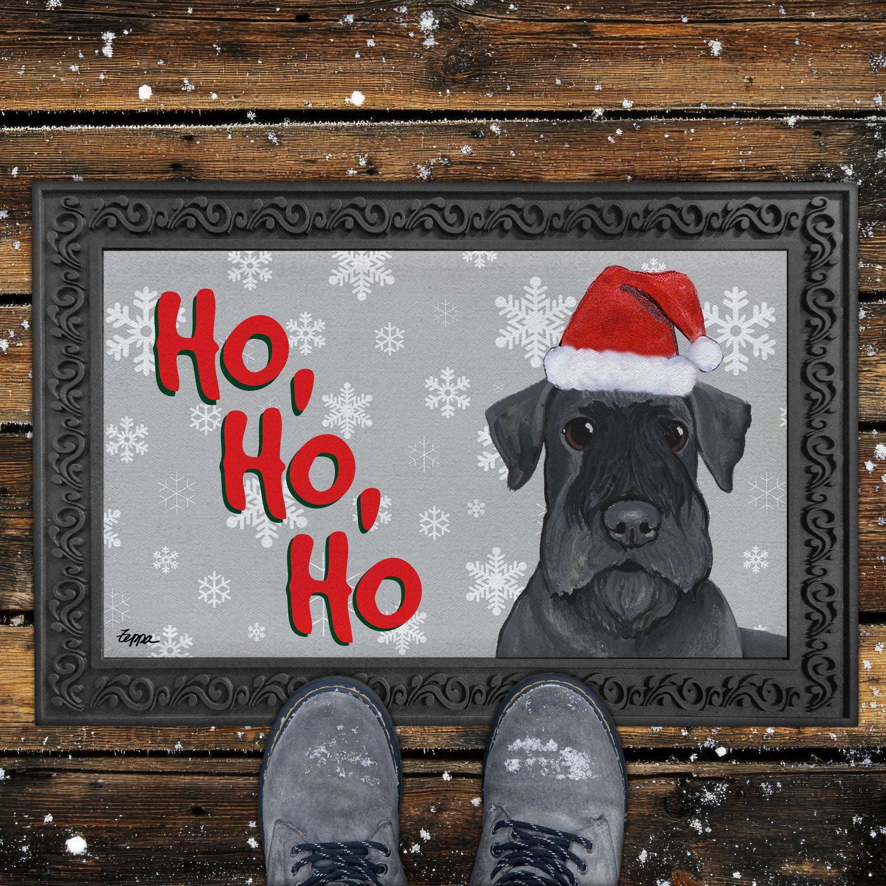 Cesky Terrier Ho Ho Ho Door Mat in Grey
