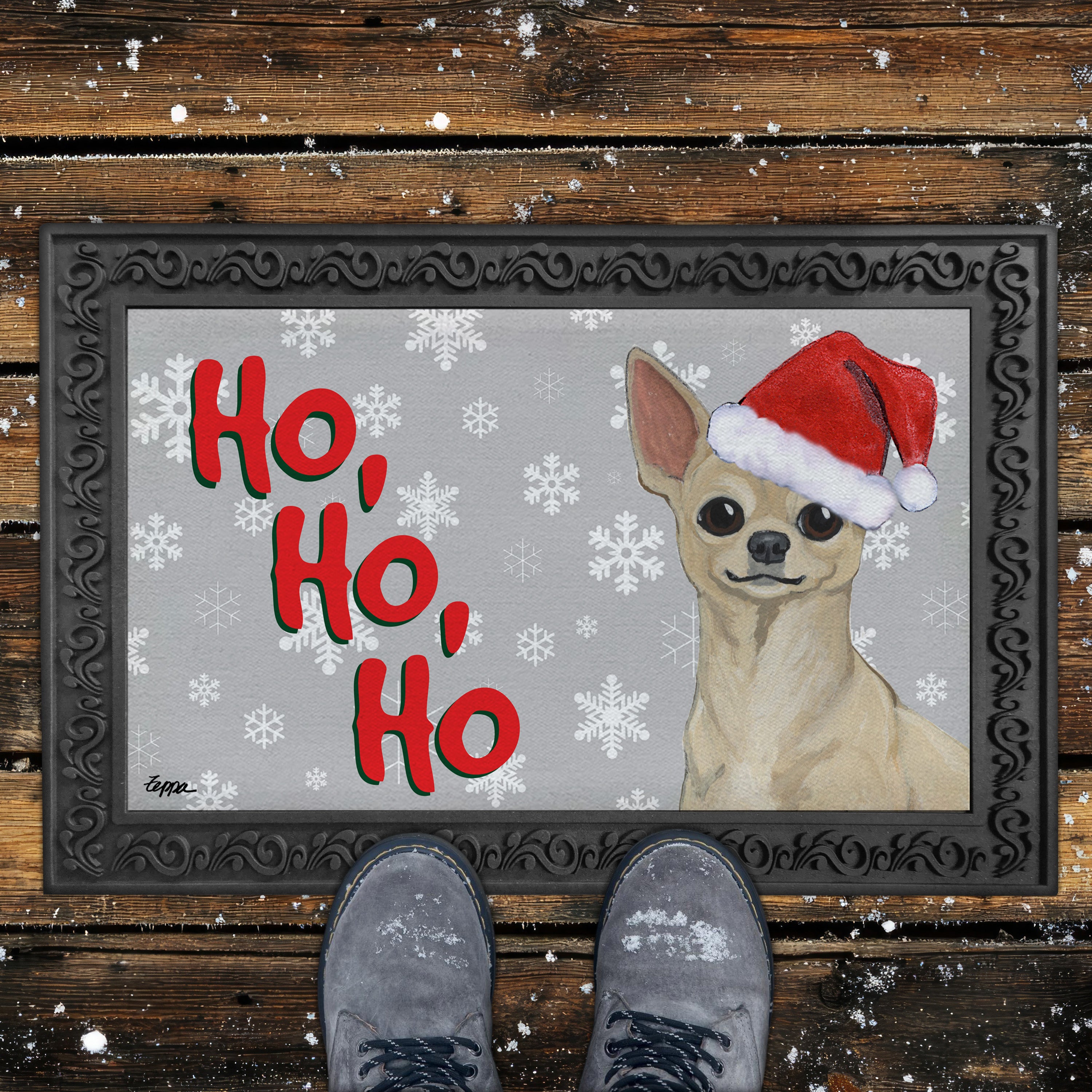 Blonde Chihuahua Ho Ho Ho Door Mat in Grey