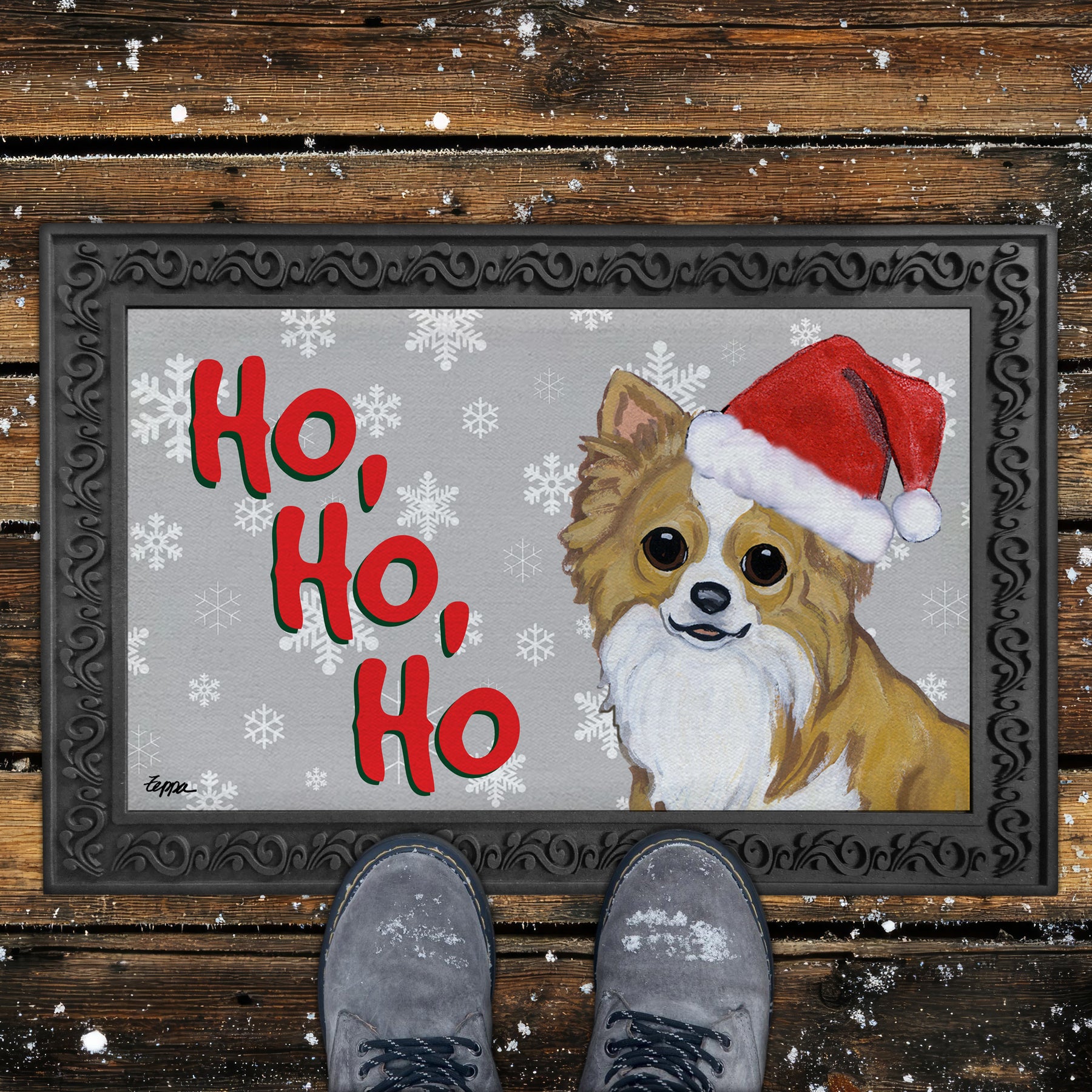 Longhaired Chihuahua Ho Ho Ho Door Mat in Grey