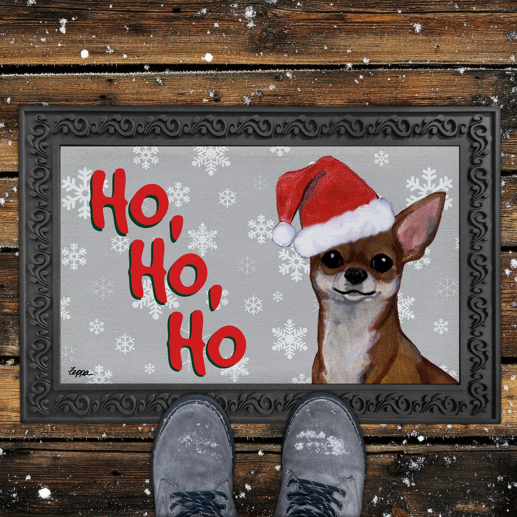 Chihuahua Ho Ho Ho Door Mat in Grey