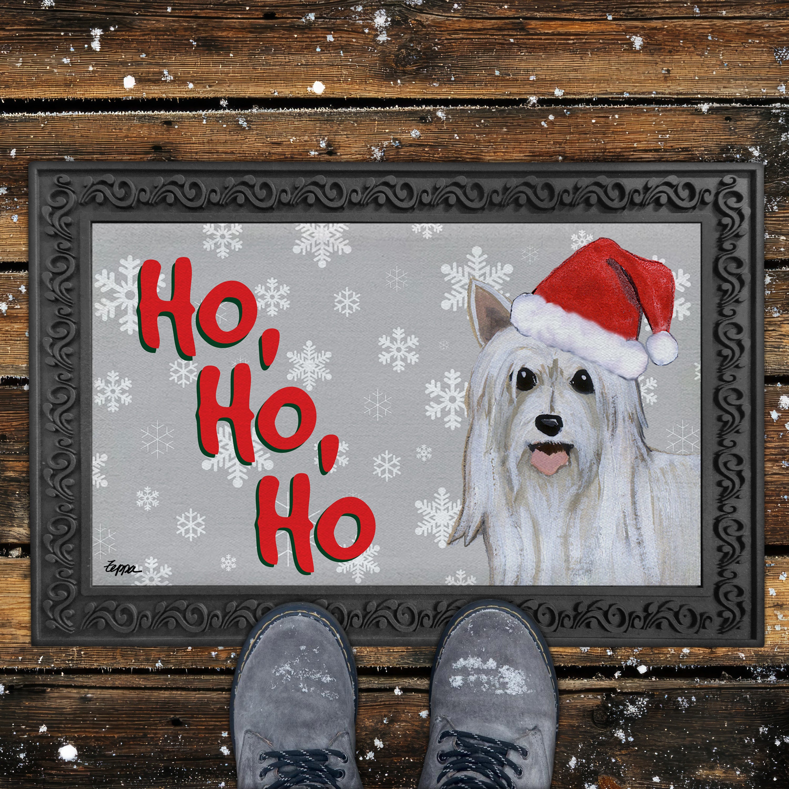 Powderpuff Chinese Crested Ho Ho Ho Door Mat in Grey