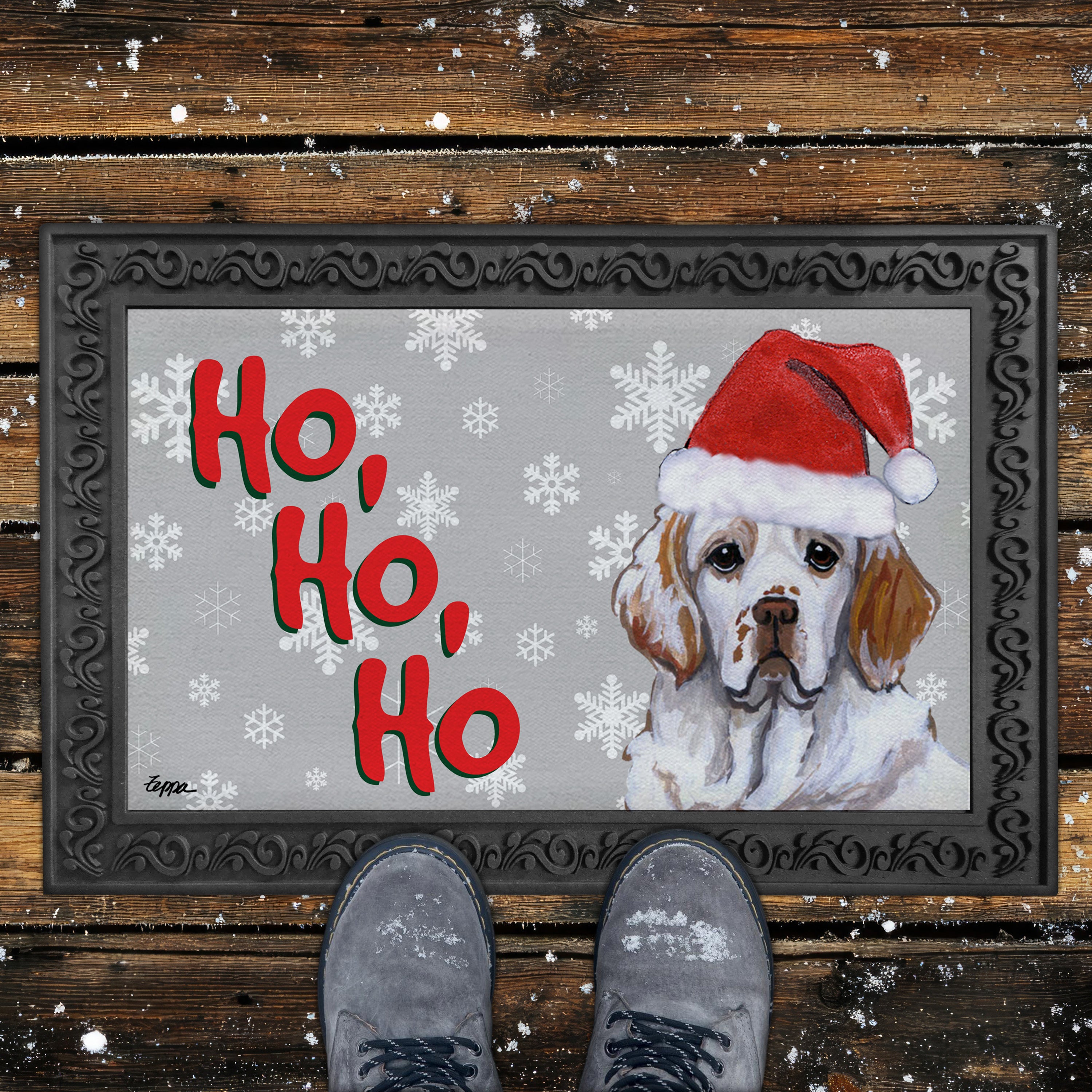 Cumber Spaniel Ho Ho Ho Door Mat in Grey