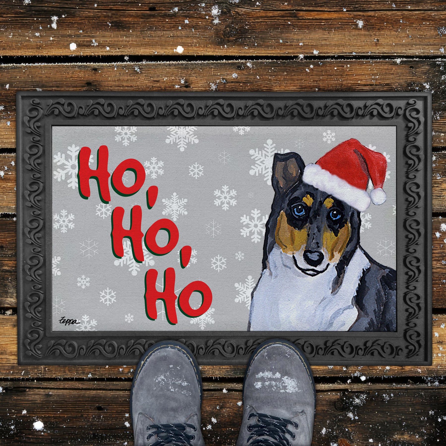Smooth Collie Ho Ho Ho Door Mat in Grey
