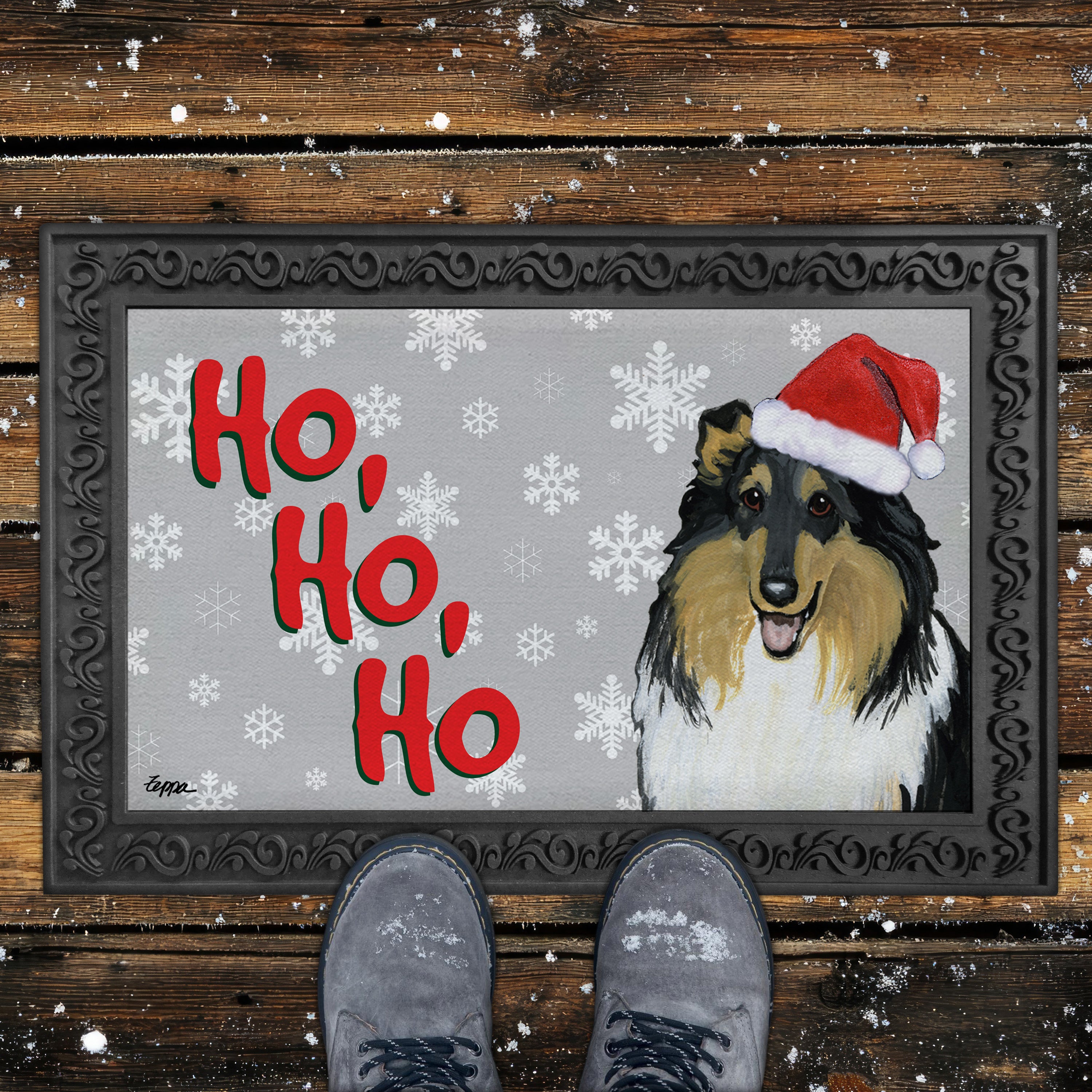 Tri Color Collie Ho Ho Ho Door Mat in Grey