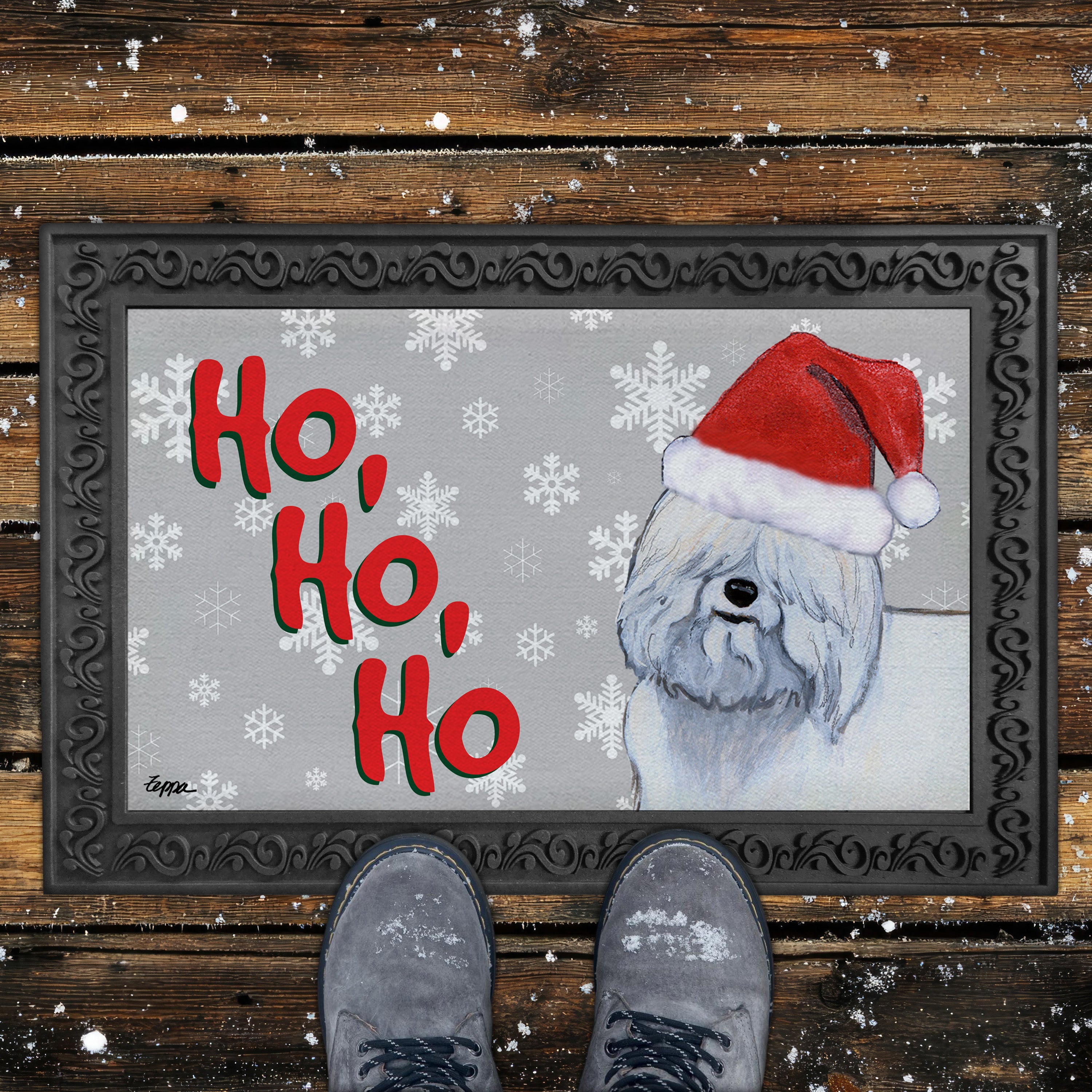 Coton Du Tulear Ho Ho Ho Door Mat in Grey