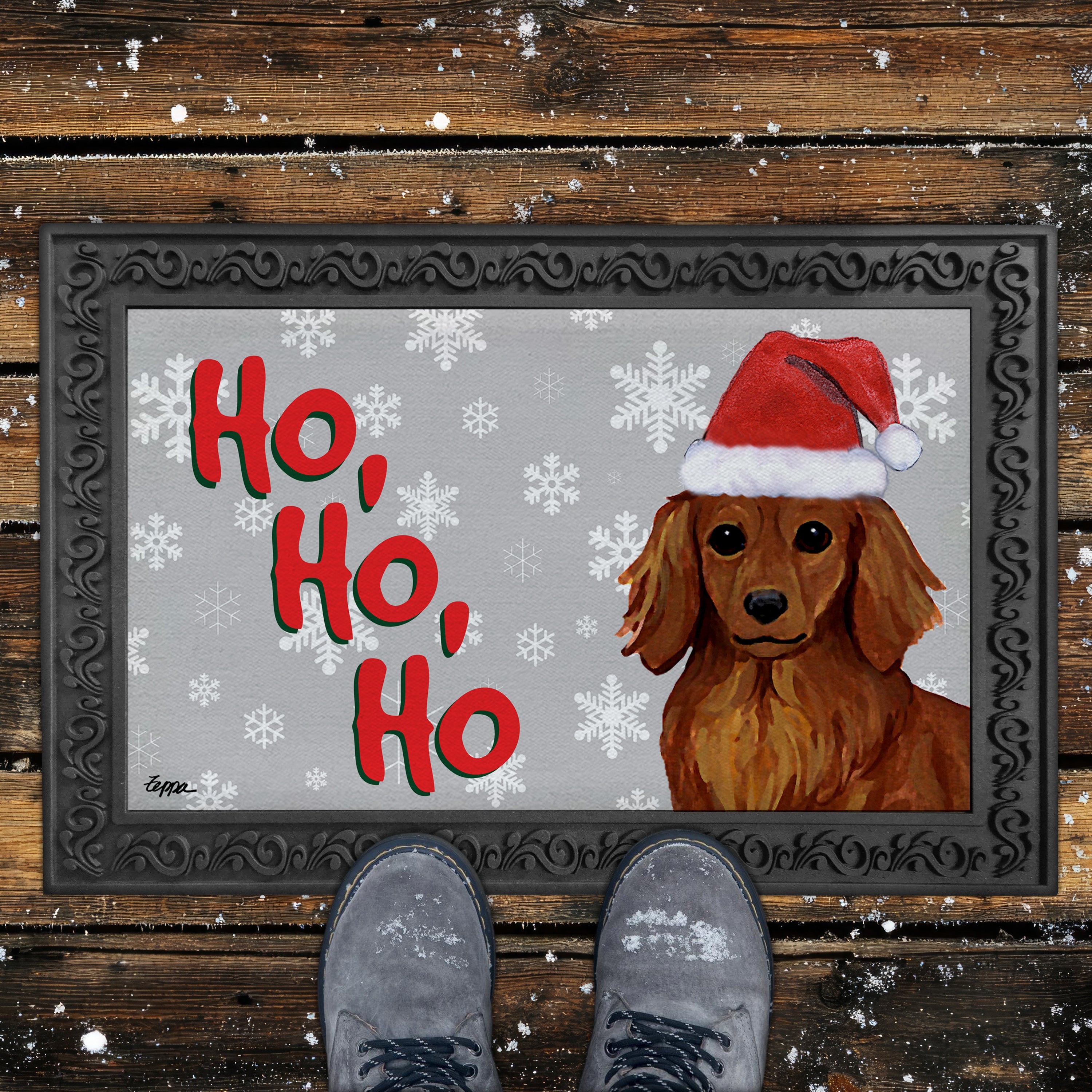 Red Longhaired Dachshund Ho Ho Ho Door Mat in Grey