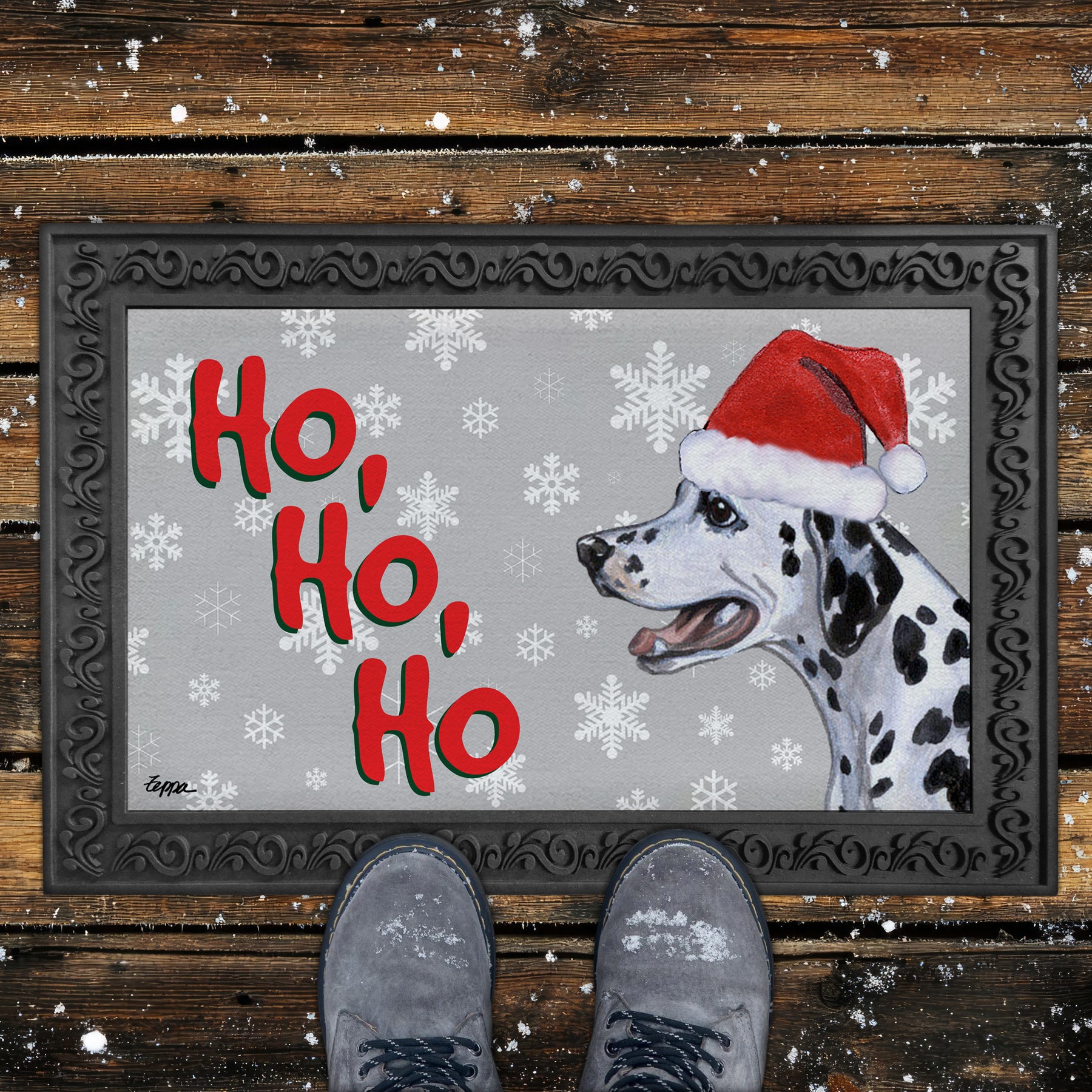 Dalmatian Ho Ho Ho Door Mat in Grey