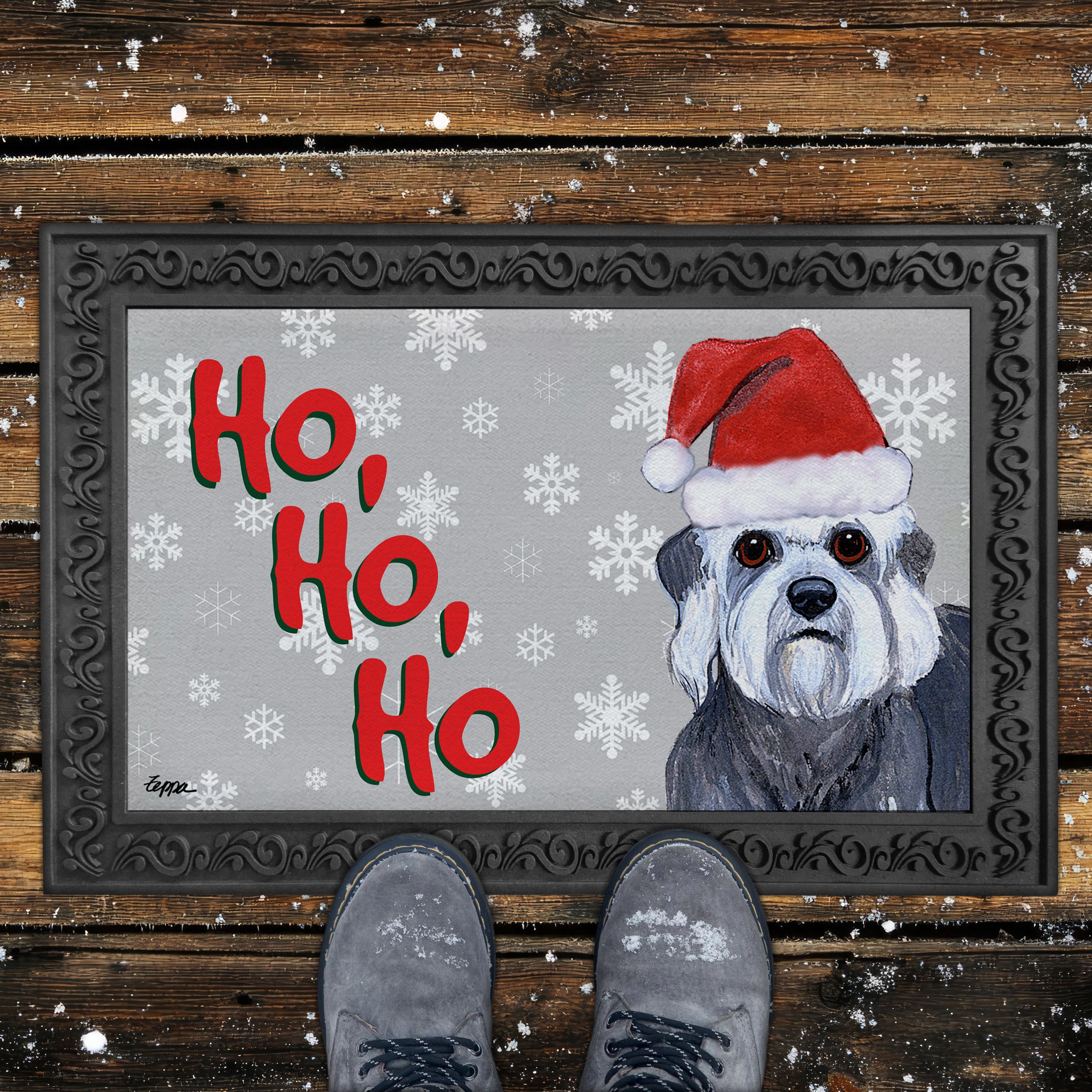 Dandi DInmont Terrier Ho Ho Ho Door Mat in Grey