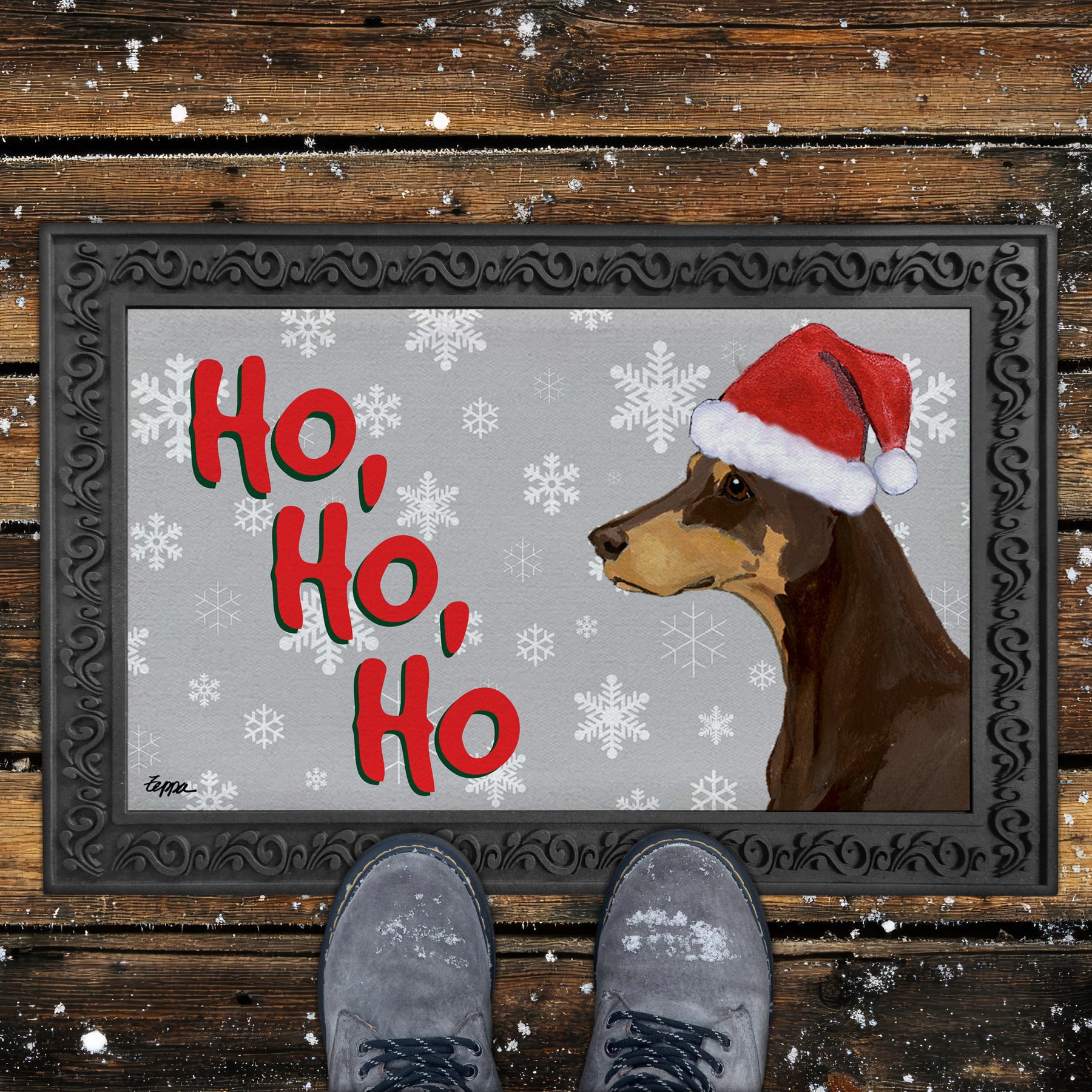 Red Doberman Ho Ho Ho Door Mat in Grey