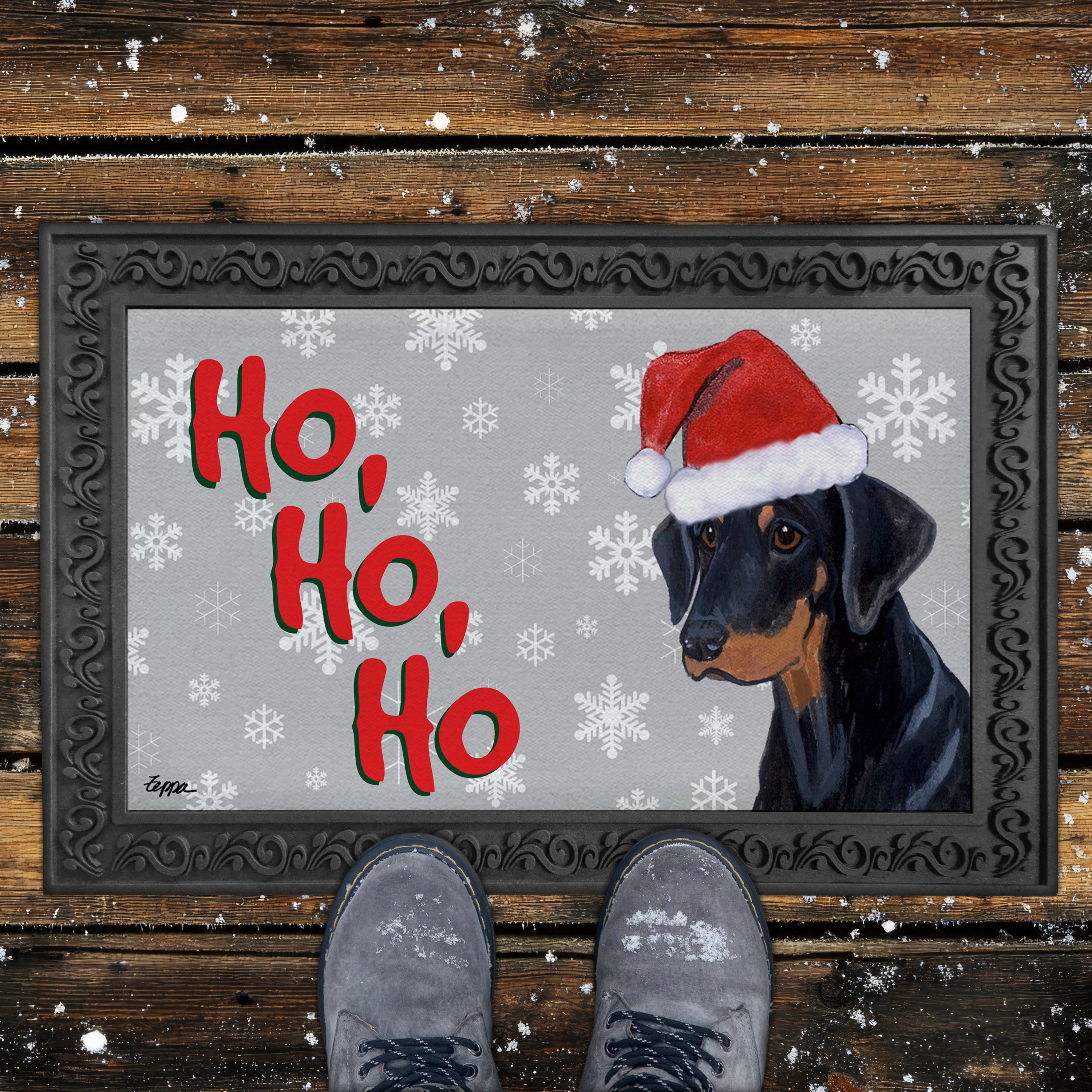 Uncropped Doberman Ho Ho Ho Door Mat in Grey