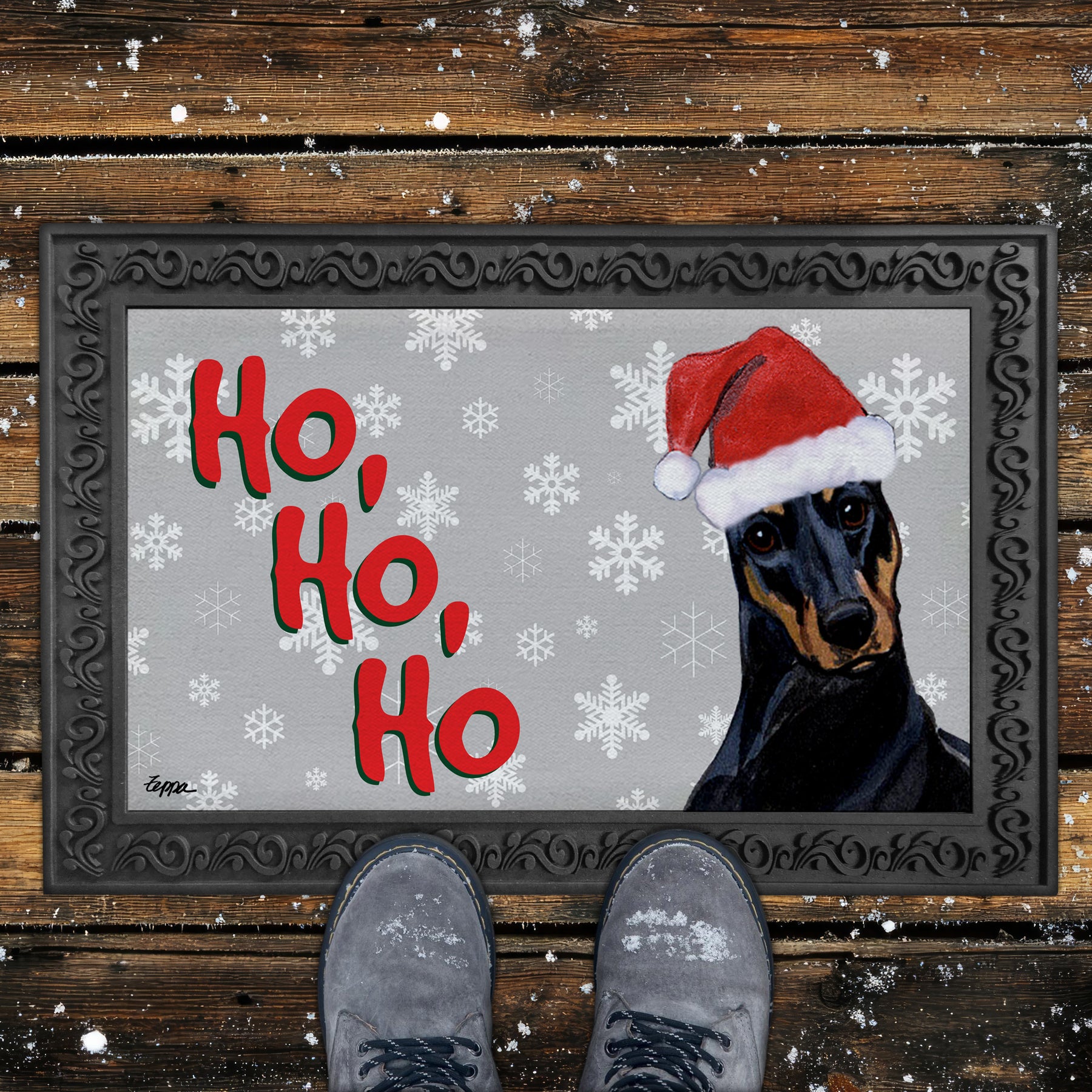 Doberman Ho Ho Ho Door Mat in Grey