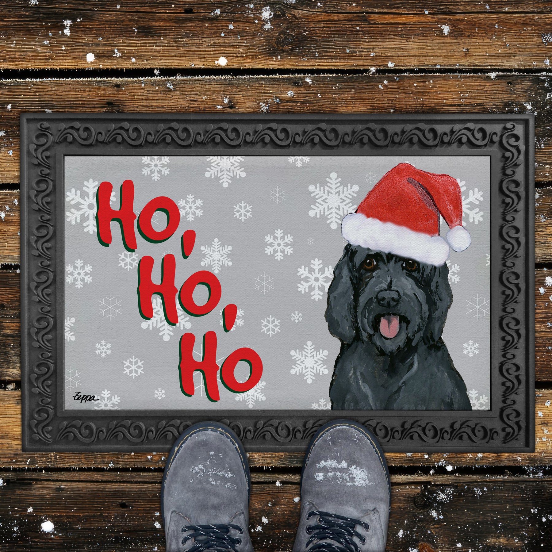 Black Labradoodle Ho Ho Ho Door Mat in Grey