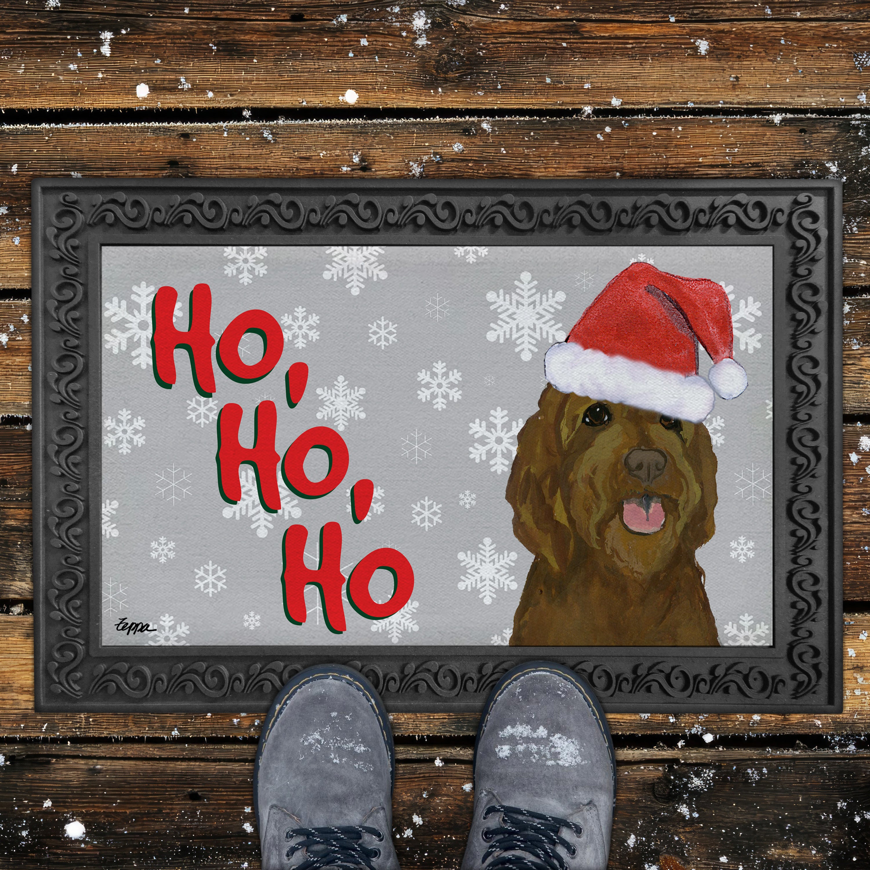 Brown Labradoodle Ho Ho Ho Door Mat in Grey