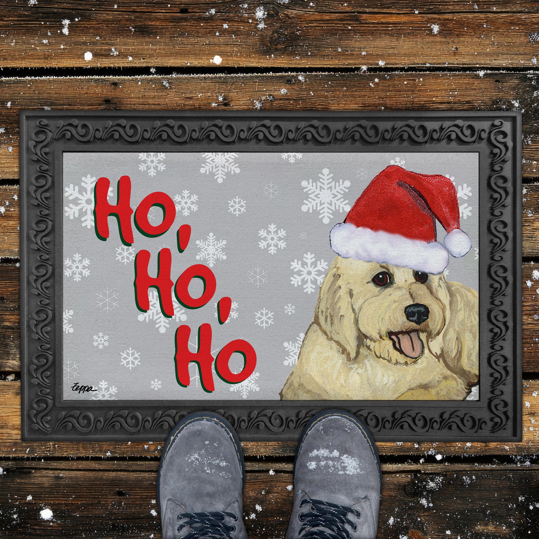 Golden Doodle Ho Ho Ho Door Mat in Grey