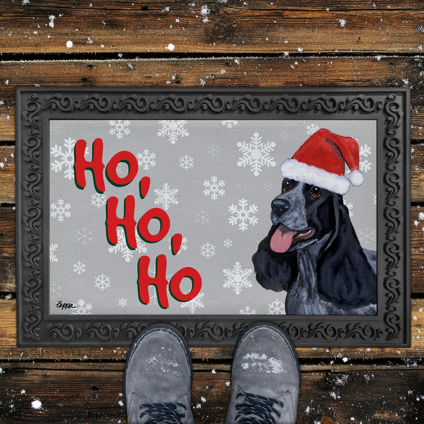 English Cocker Spaniel Ho Ho Ho Door Mat in Grey