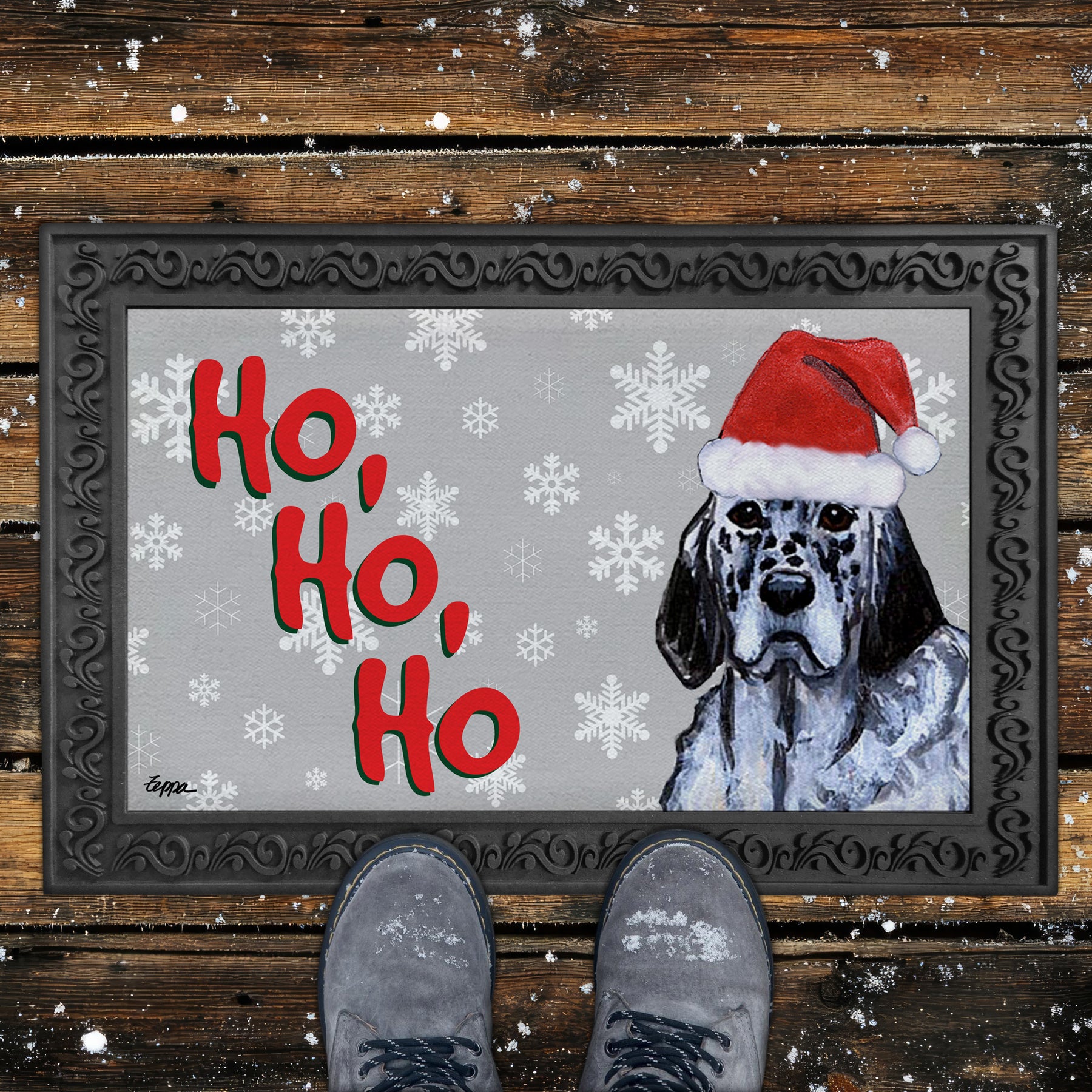 English Setter Ho Ho Ho Door Mat in Grey