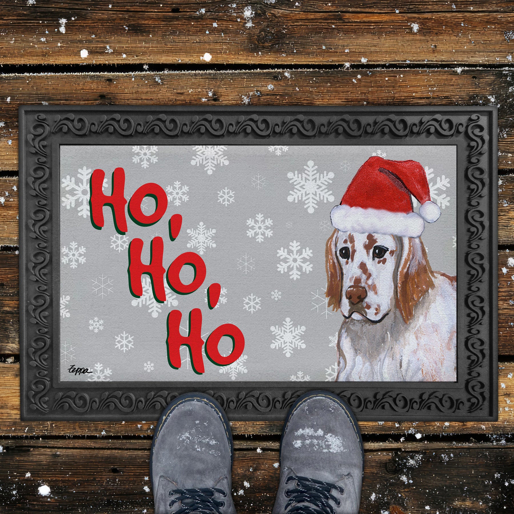 Red Belton English Setter Ho Ho Ho Door Mat in Grey