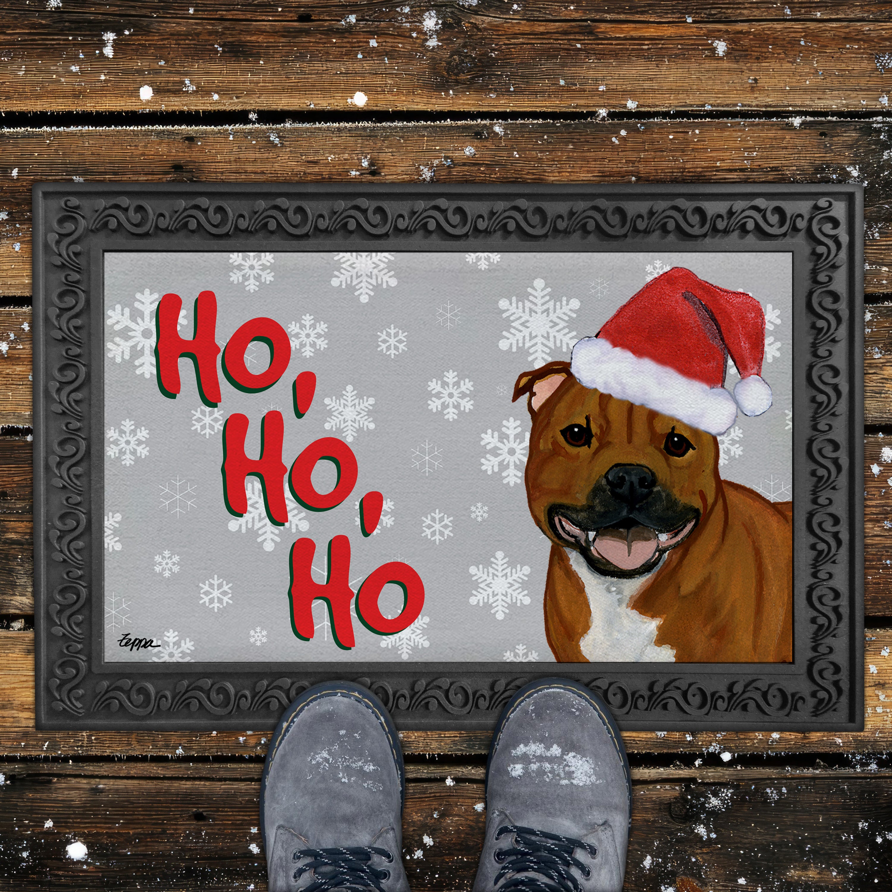 Staffordshire Bull Terrier Ho Ho Ho Doormat in Grey