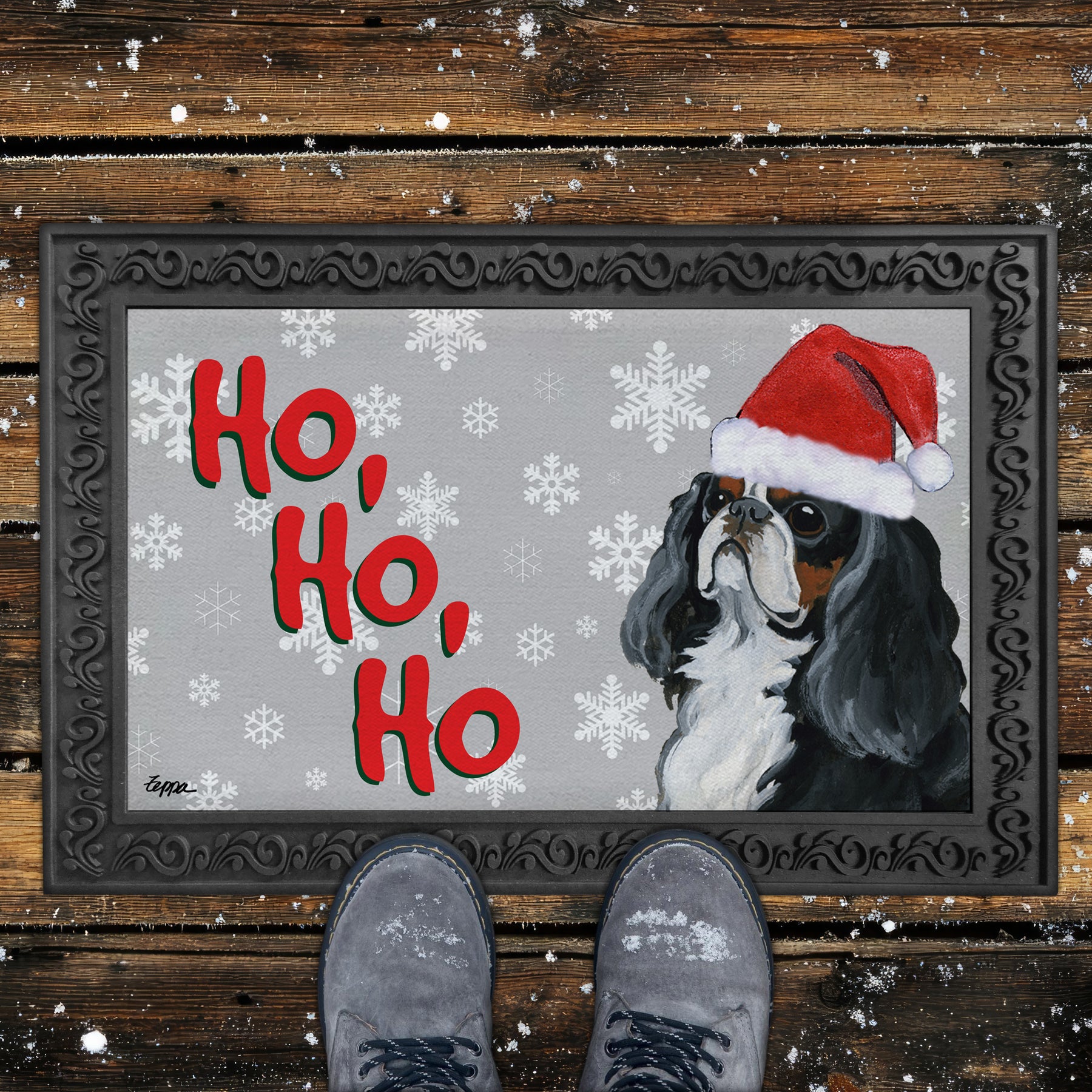 Tri Color English Toy Spaniel Ho Ho Ho Door Mat in Grey