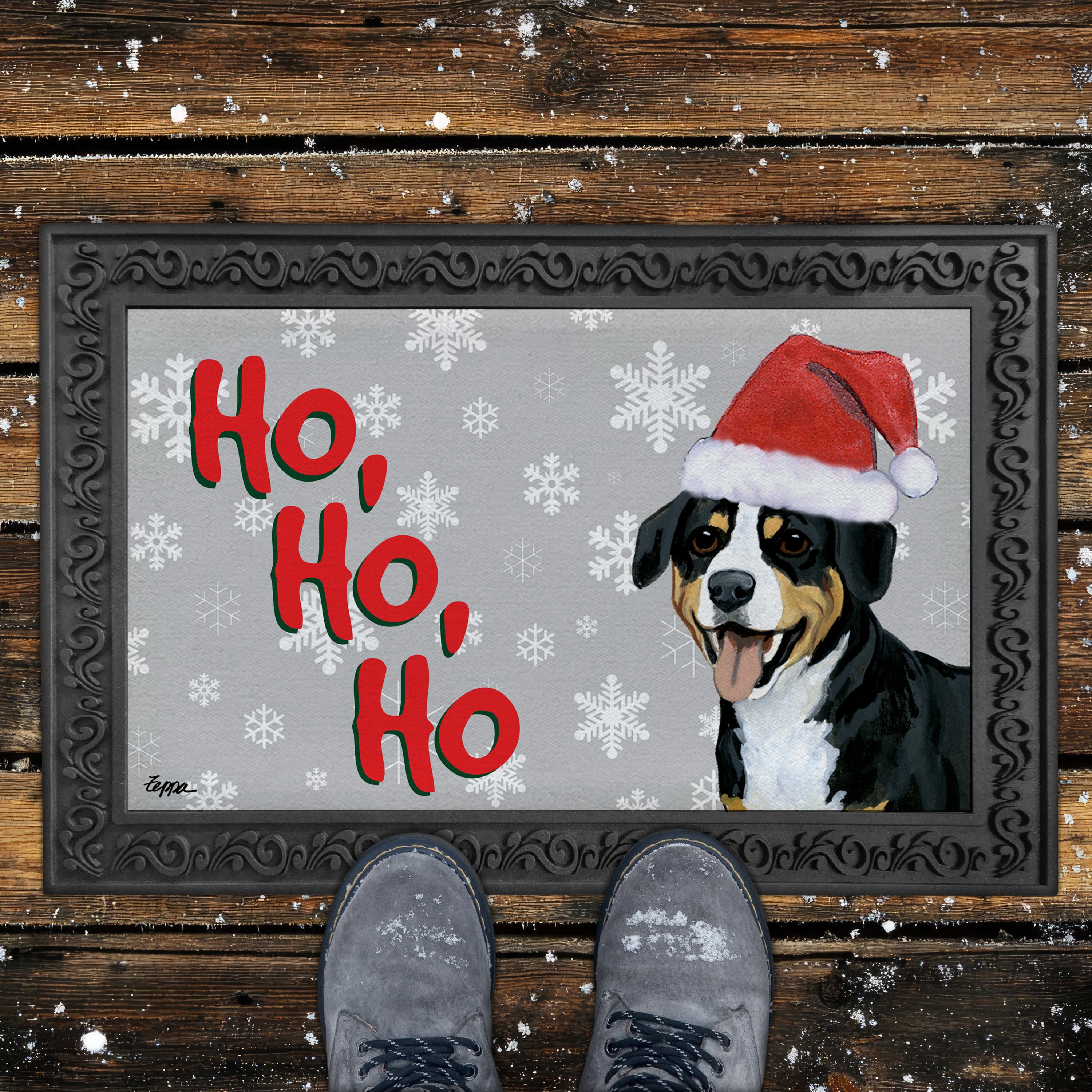 Entelbucher Mountain Dog Ho Ho Ho Door Mat in Grey