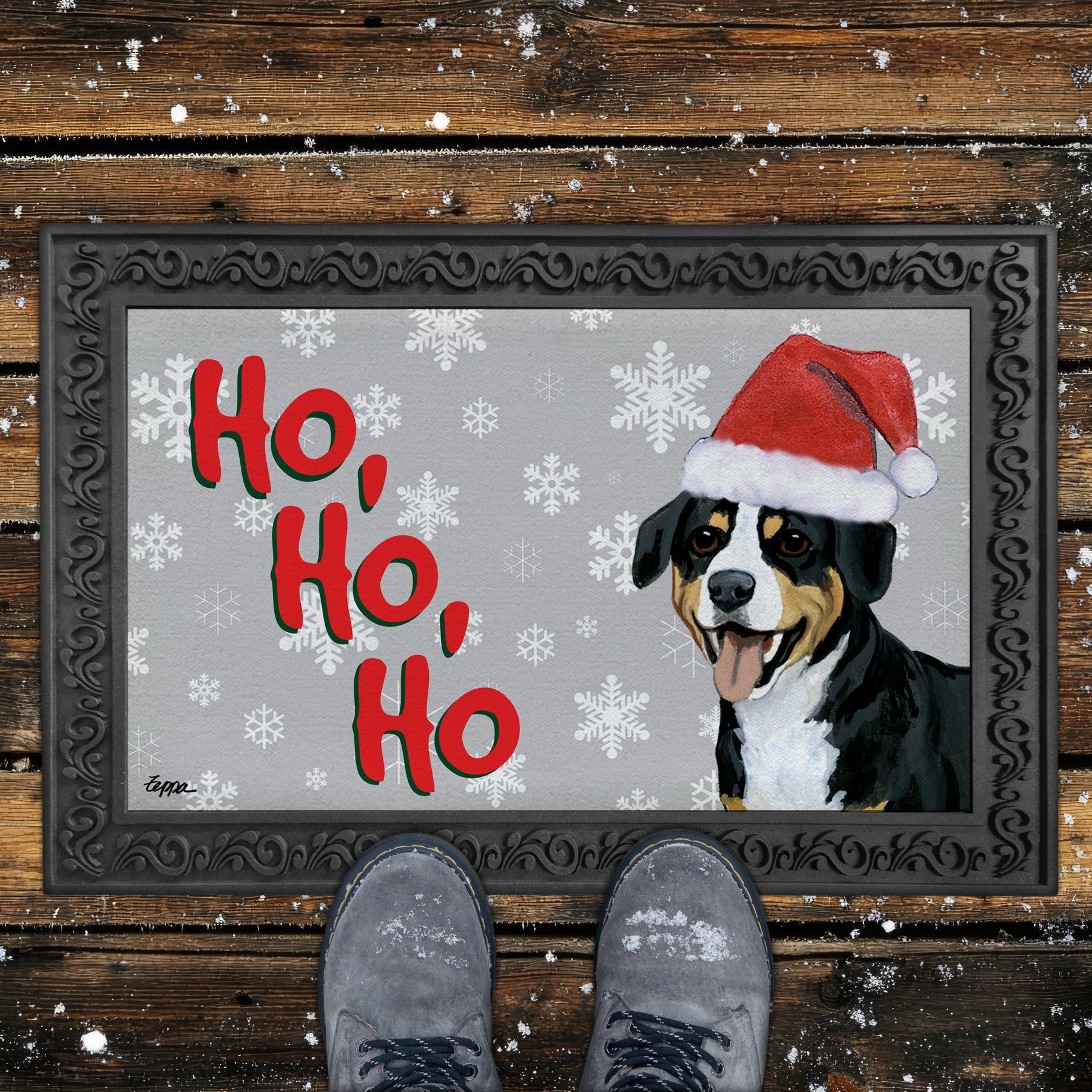 Entelbucher Mountain Dog Ho Ho Ho Door Mat in Grey