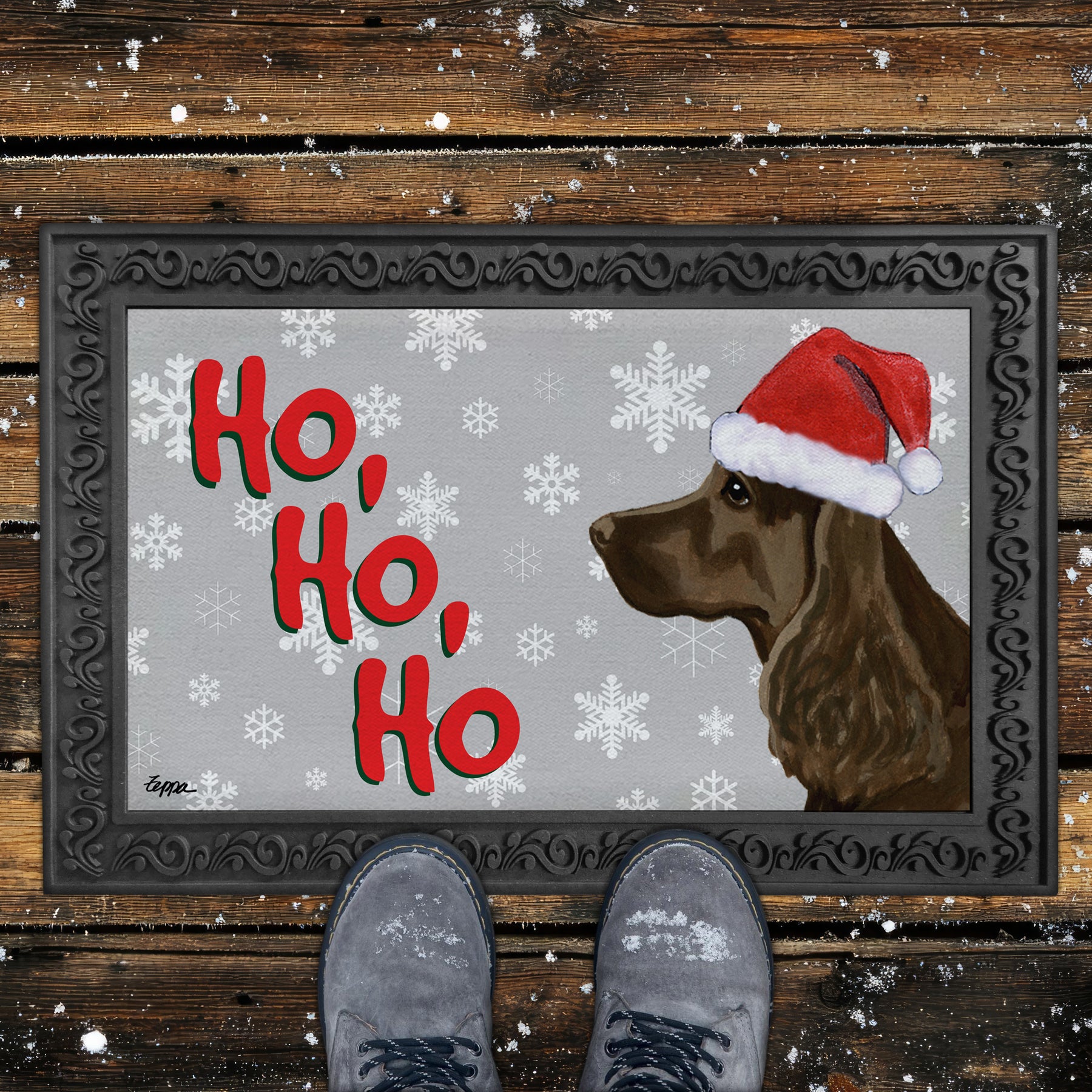 Field Spaniel Ho Ho Ho Door Mat in Grey