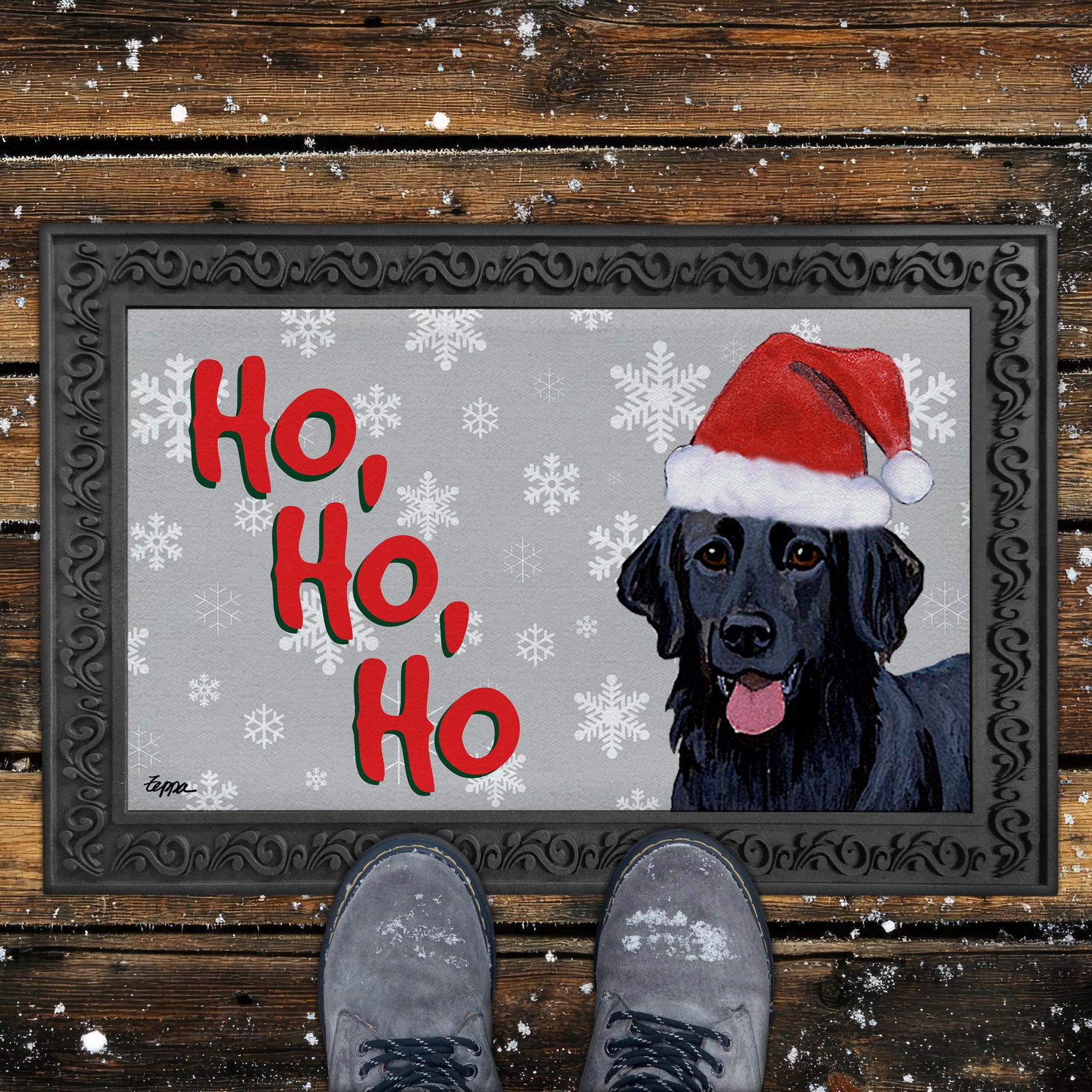 Flat Coated Retriever Ho Ho Ho Door Mat in Grey
