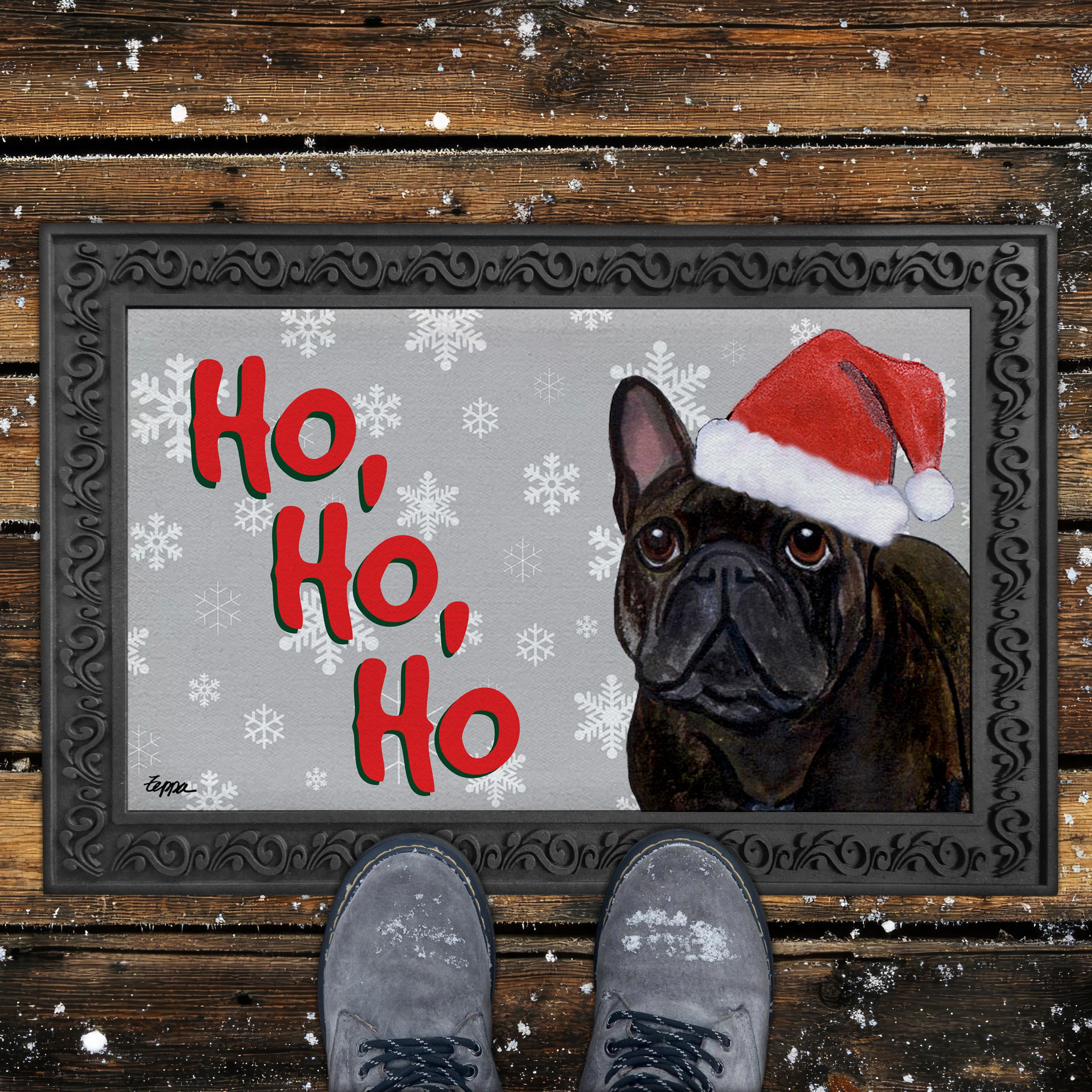 French Bulldog Ho Ho Ho Door Mat in Grey
