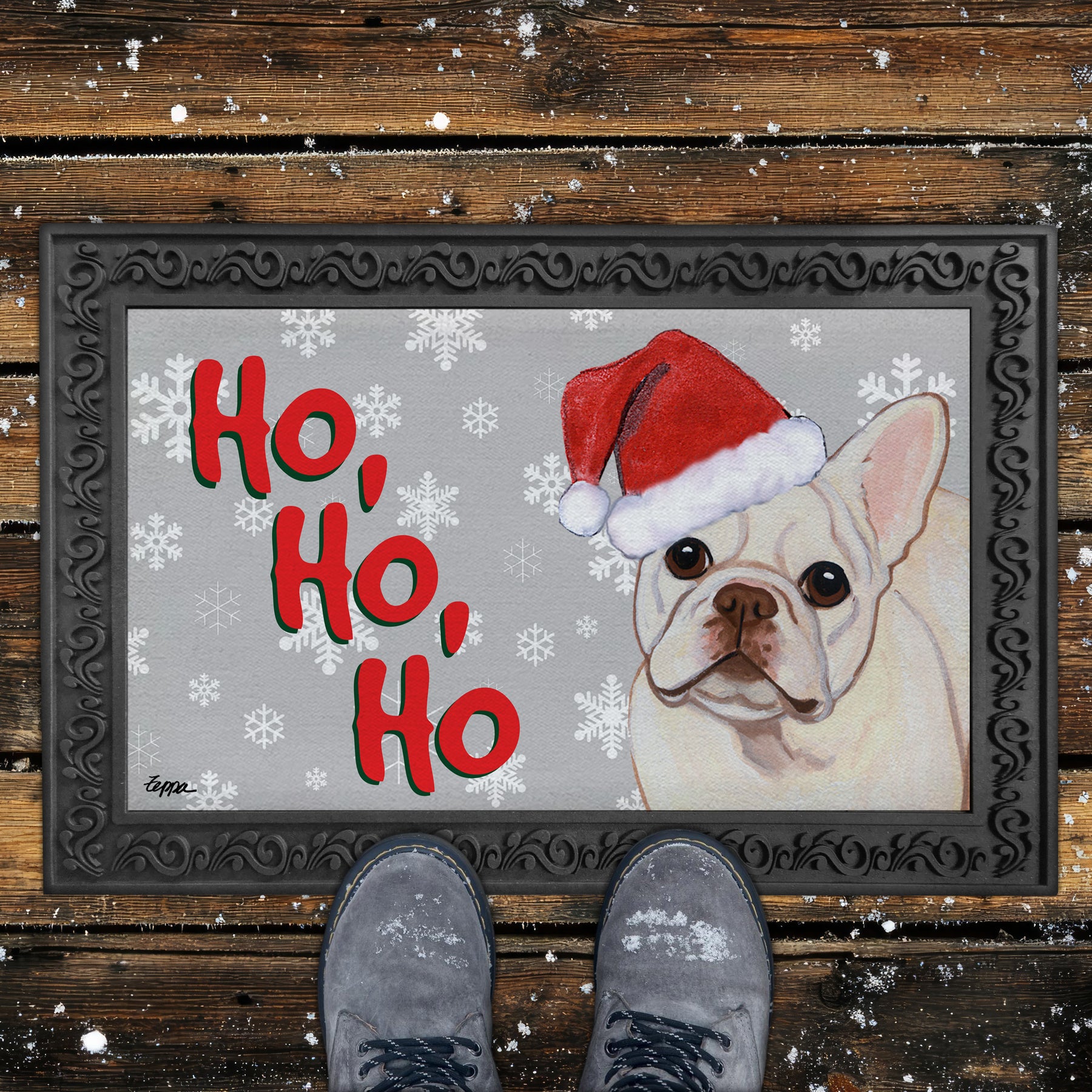 Cream French Bulldog Ho Ho Ho Door Mat in Grey