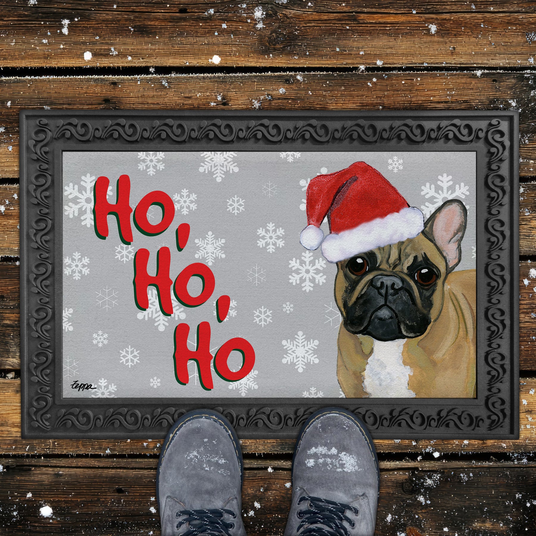 Fawn French Bulldog Ho Ho Ho Door Mat in Grey