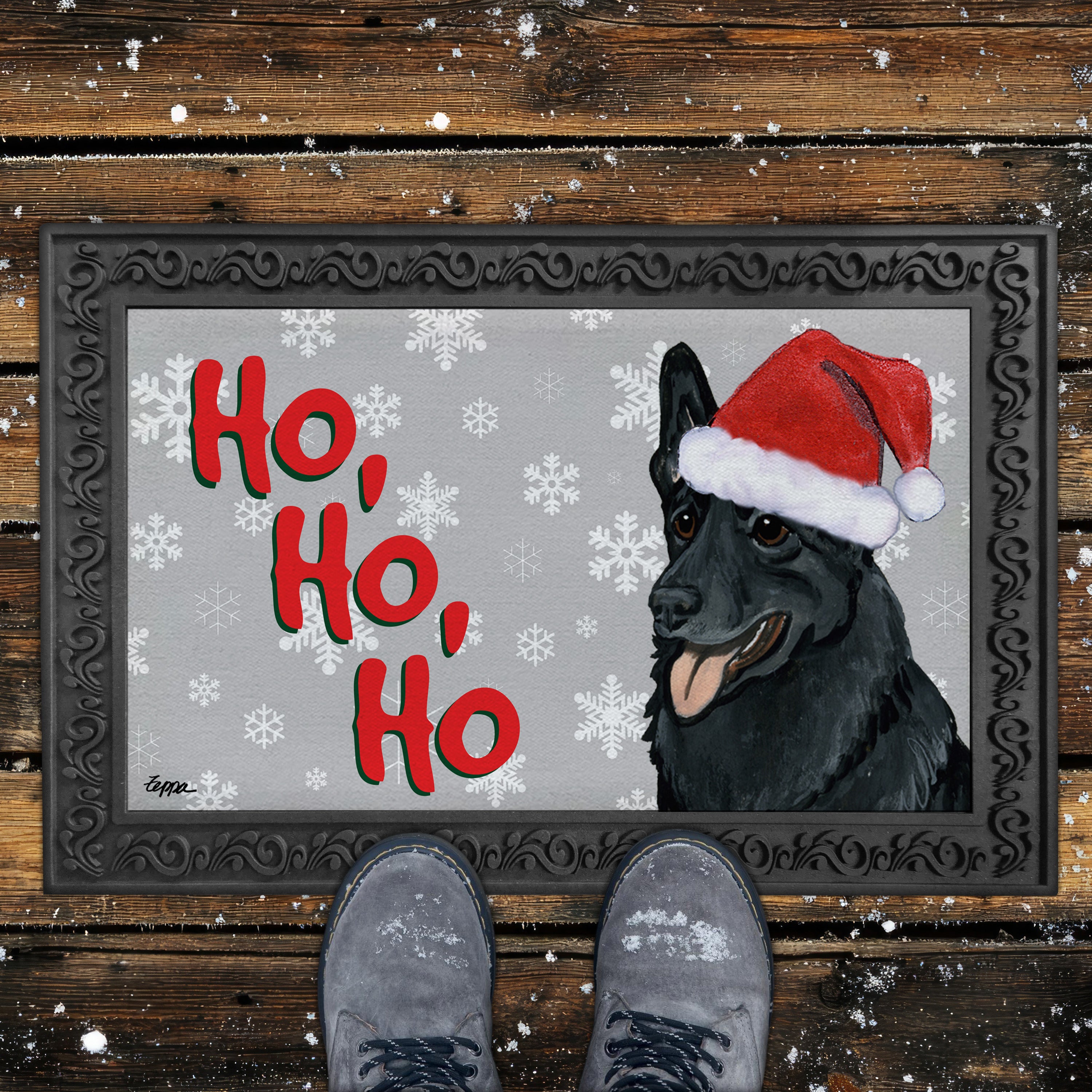 Black German Shepherd Ho Ho Ho Door Mat in Grey