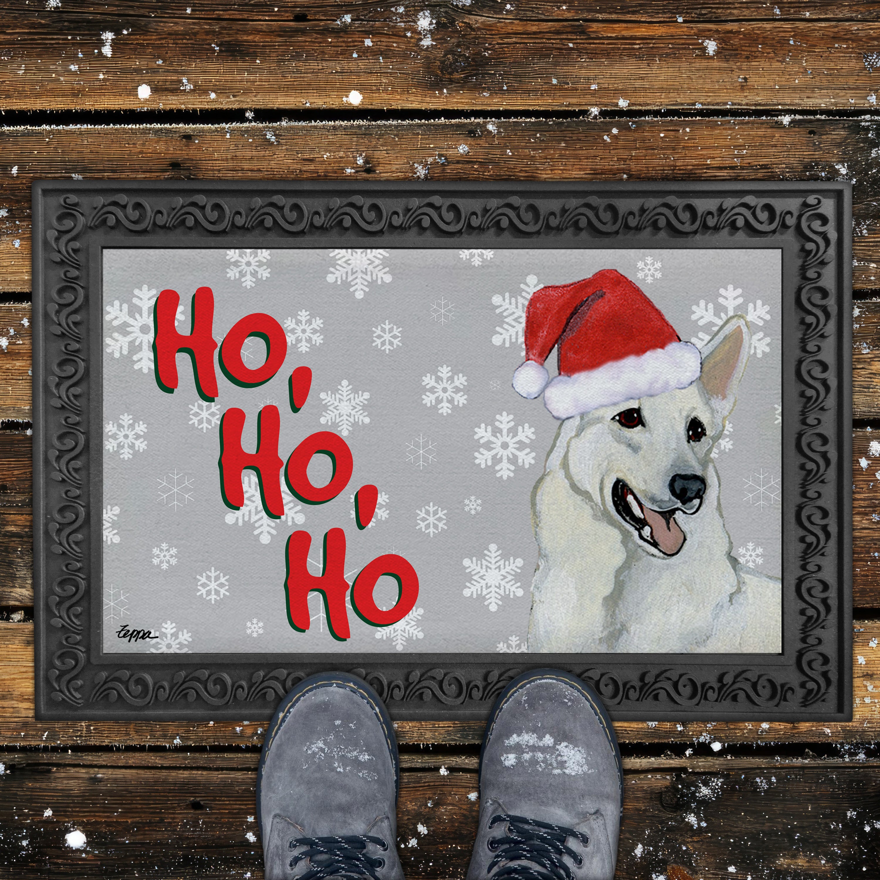 White German Shepherd Ho Ho Ho Door Mat in Grey