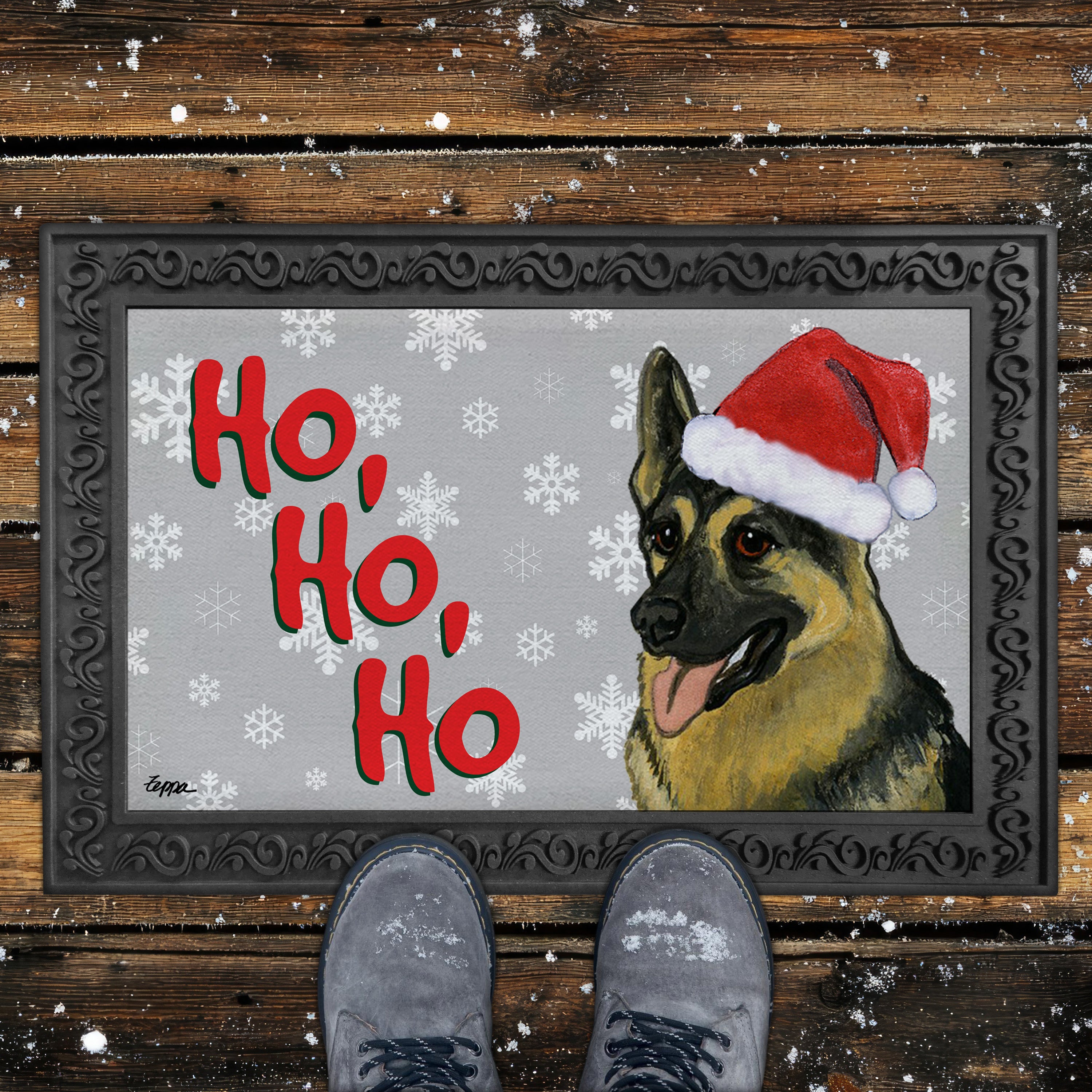 German Shepherd Ho Ho Ho Door Mat in Grey