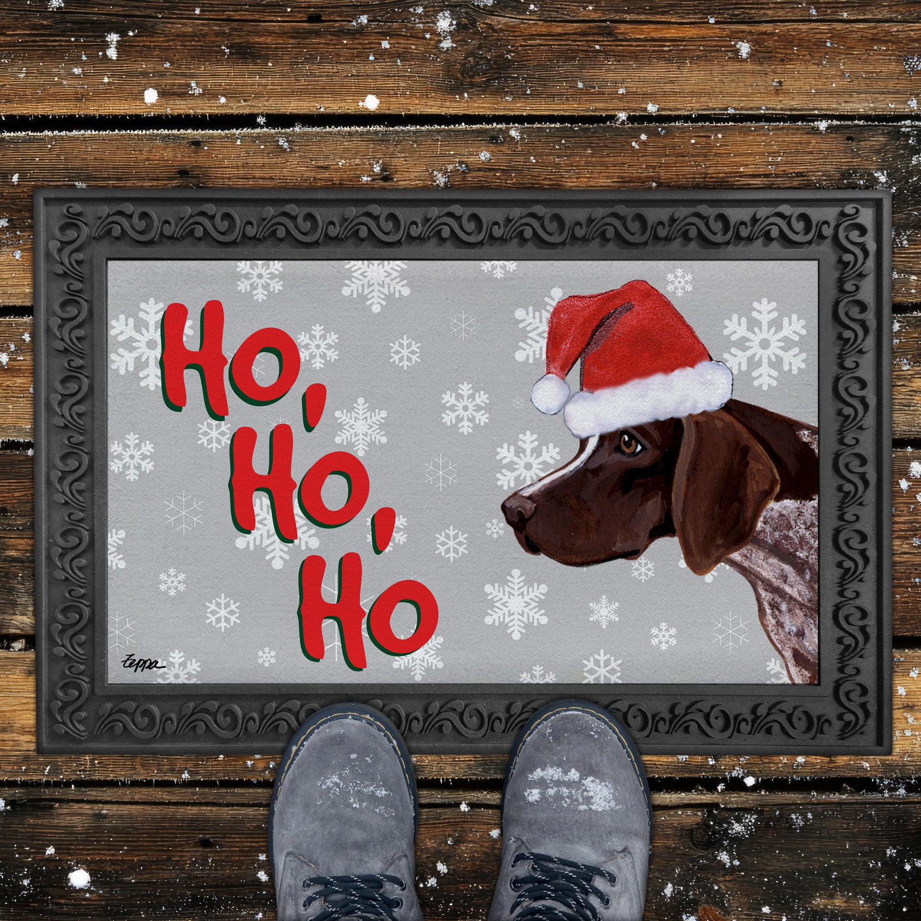 German Shorthair Pointer Ho Ho Ho Door Mat in Grey