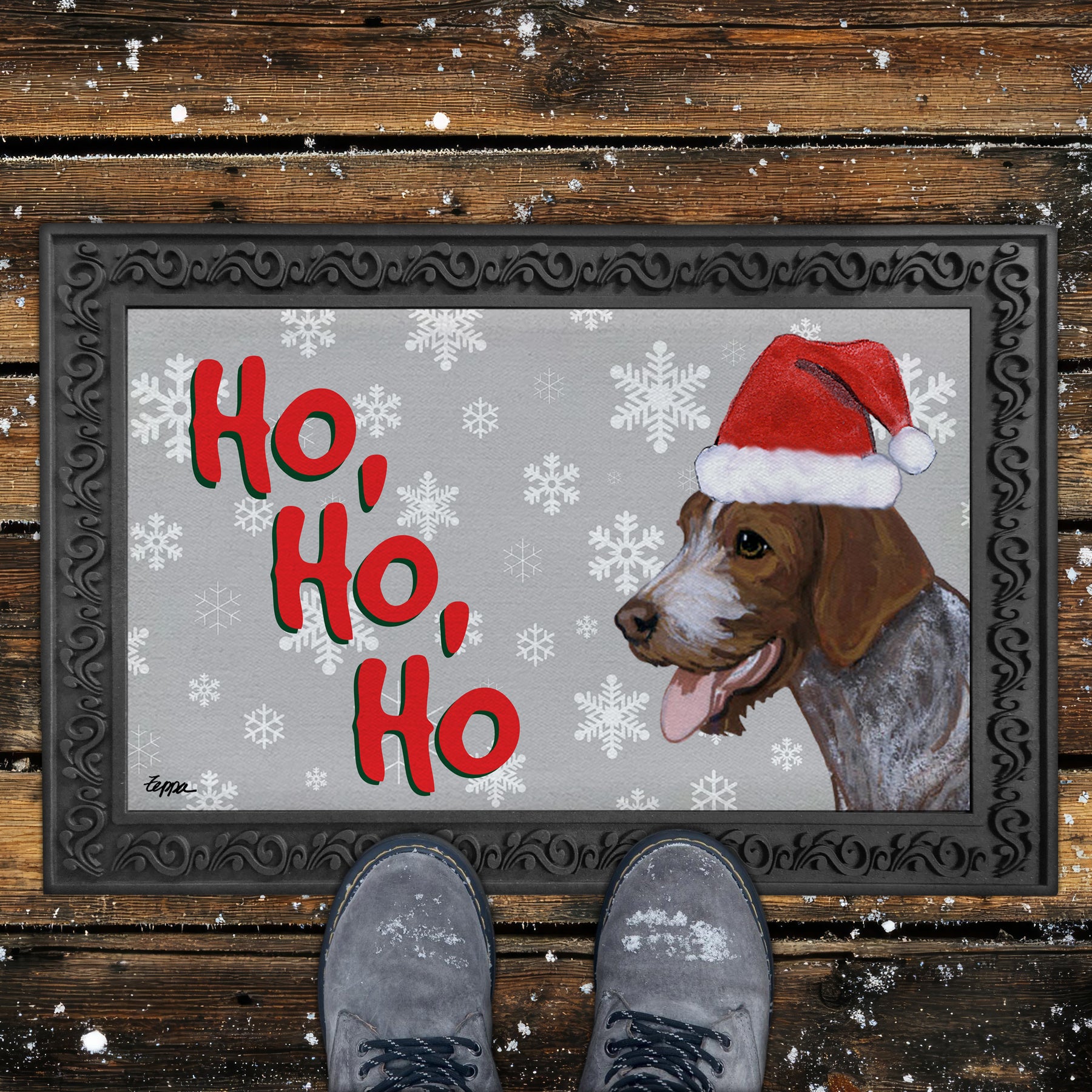 German Wirehaired Pointer Ho Ho Ho Door Mat in Grey