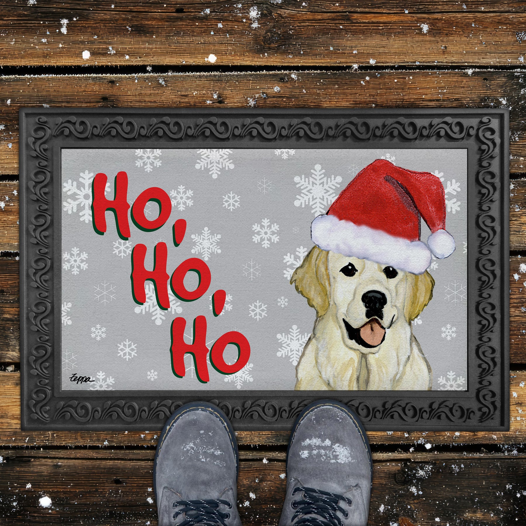 English Cream Golden Retriever Ho Ho Ho Door Mat in Grey