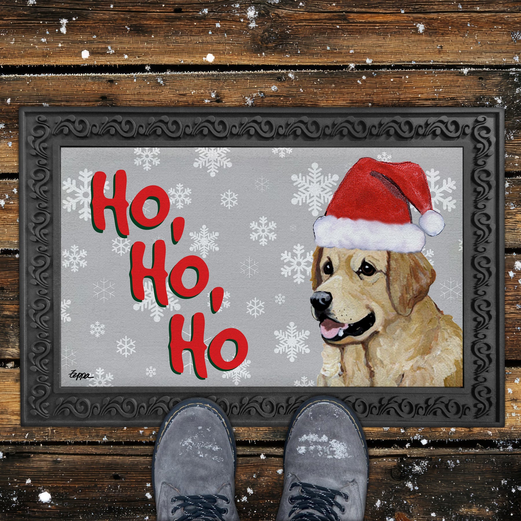 Golden Retriever Ho Ho Ho Door Mat in Grey