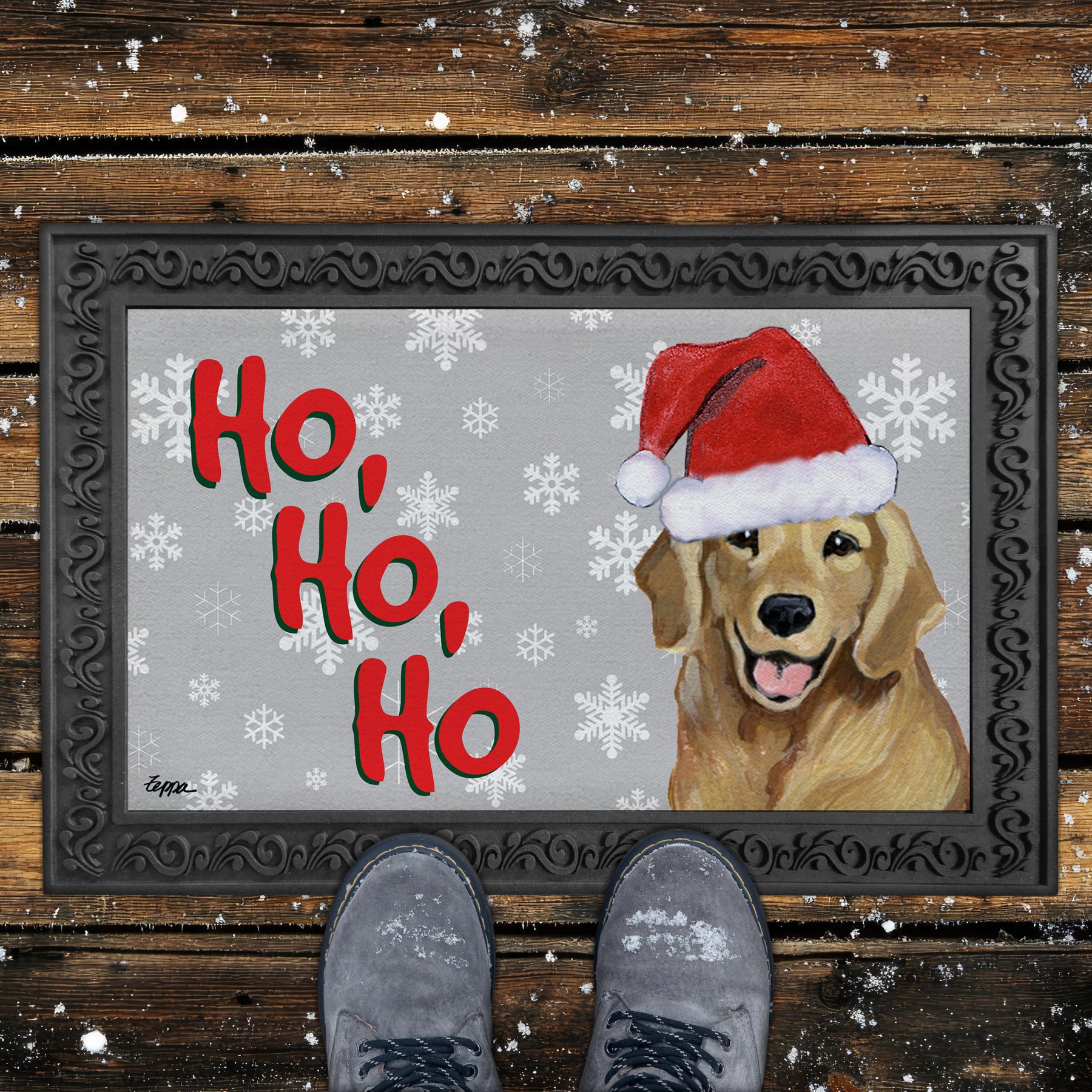 Smiling Golden Retriever Ho Ho Ho Door Mat in Grey