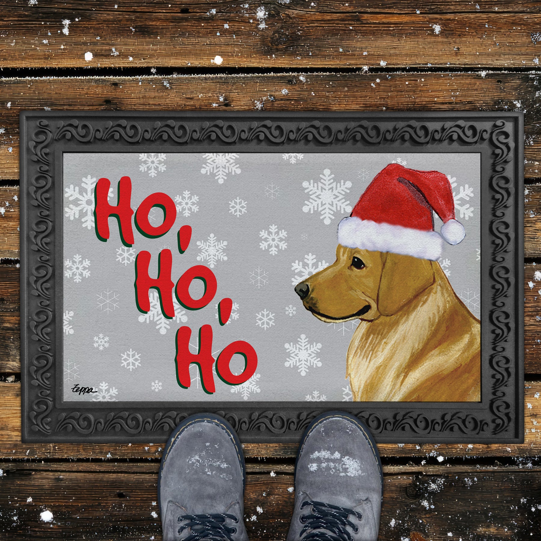 Standing Golden Retriever Ho Ho Ho Door Mat in Grey