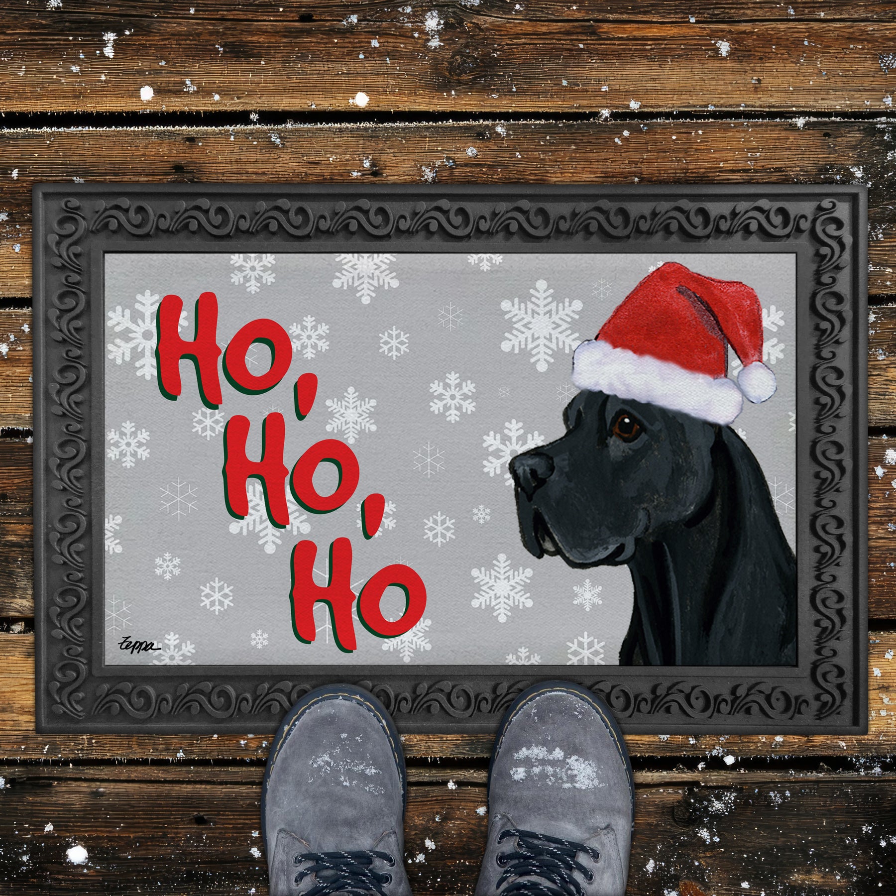 Black Great Dane Ho Ho Ho Door Mat in Grey