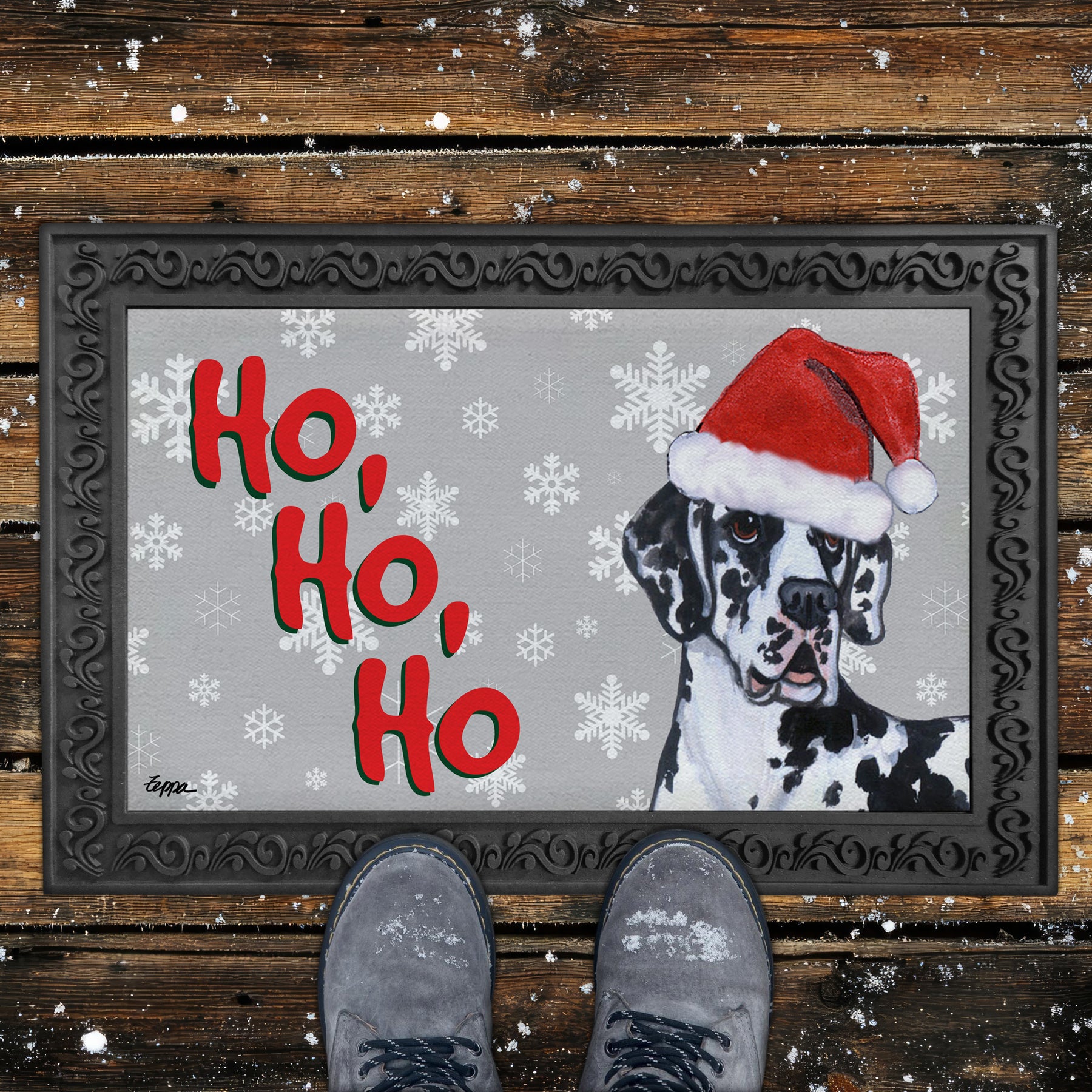 Harlequin Great Dane Ho Ho Ho Door Mat in Grey