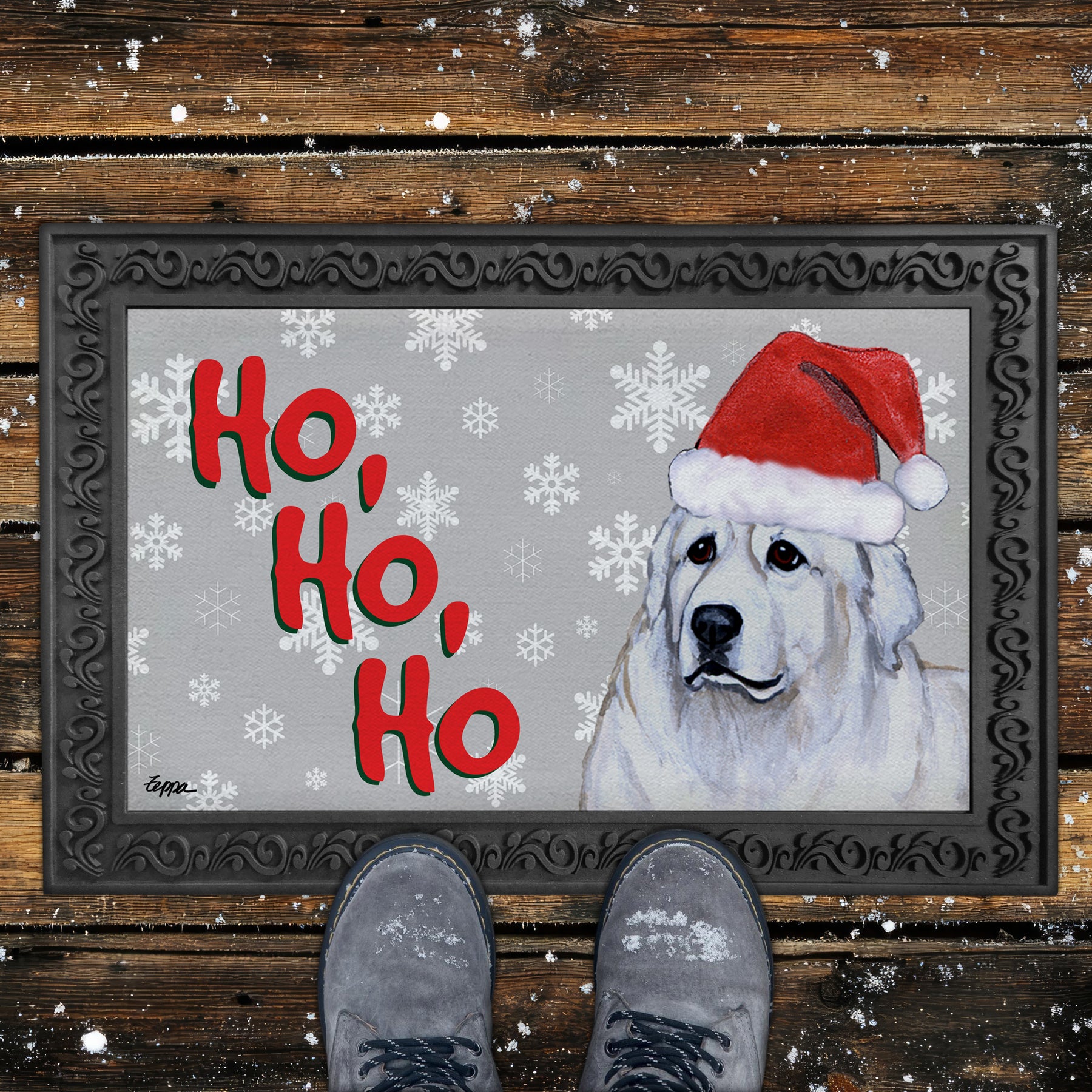Great Pyrenees Ho Ho Ho Door Mat in Grey