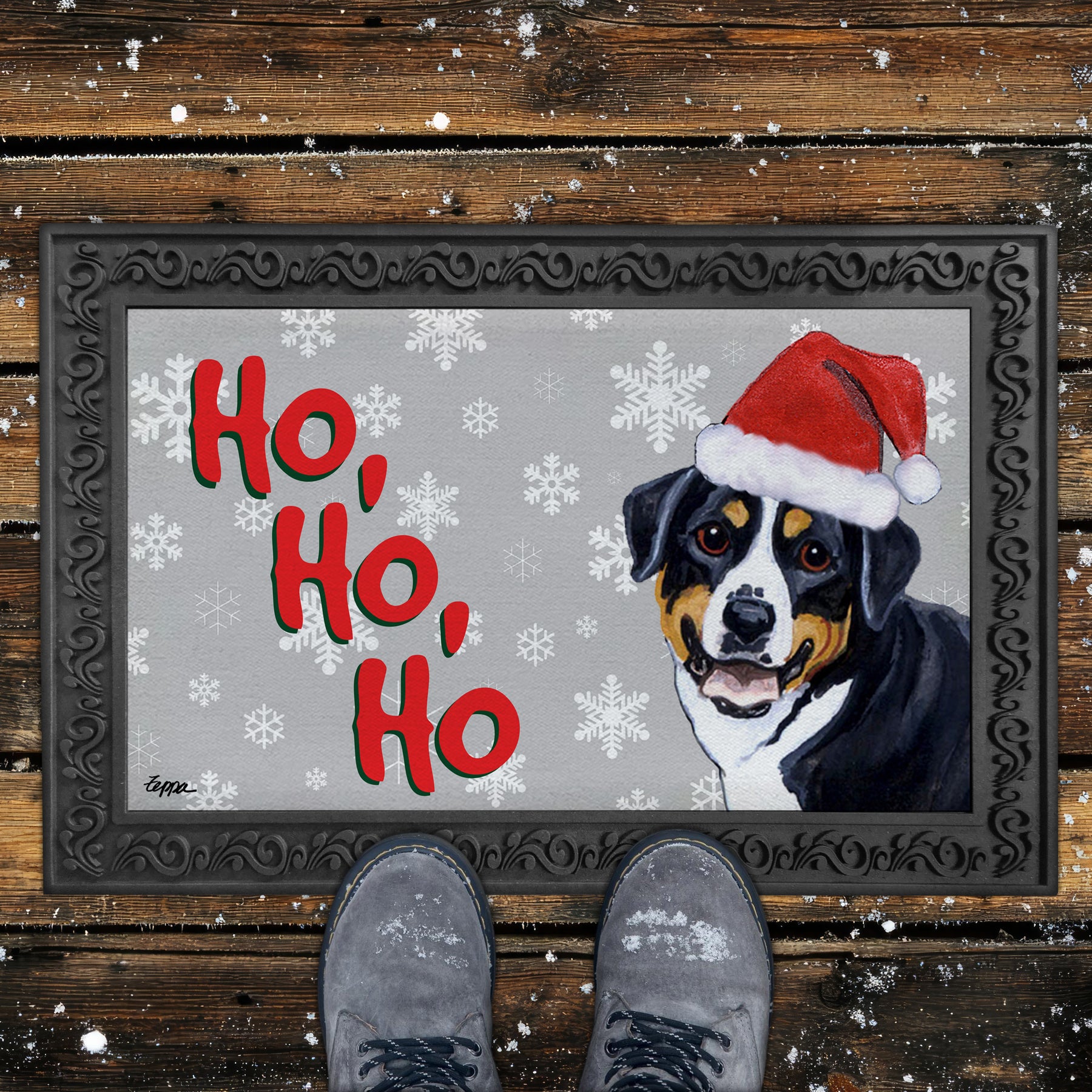 Greater Swiss Mountain Dog Ho Ho Ho Door Mat in Grey