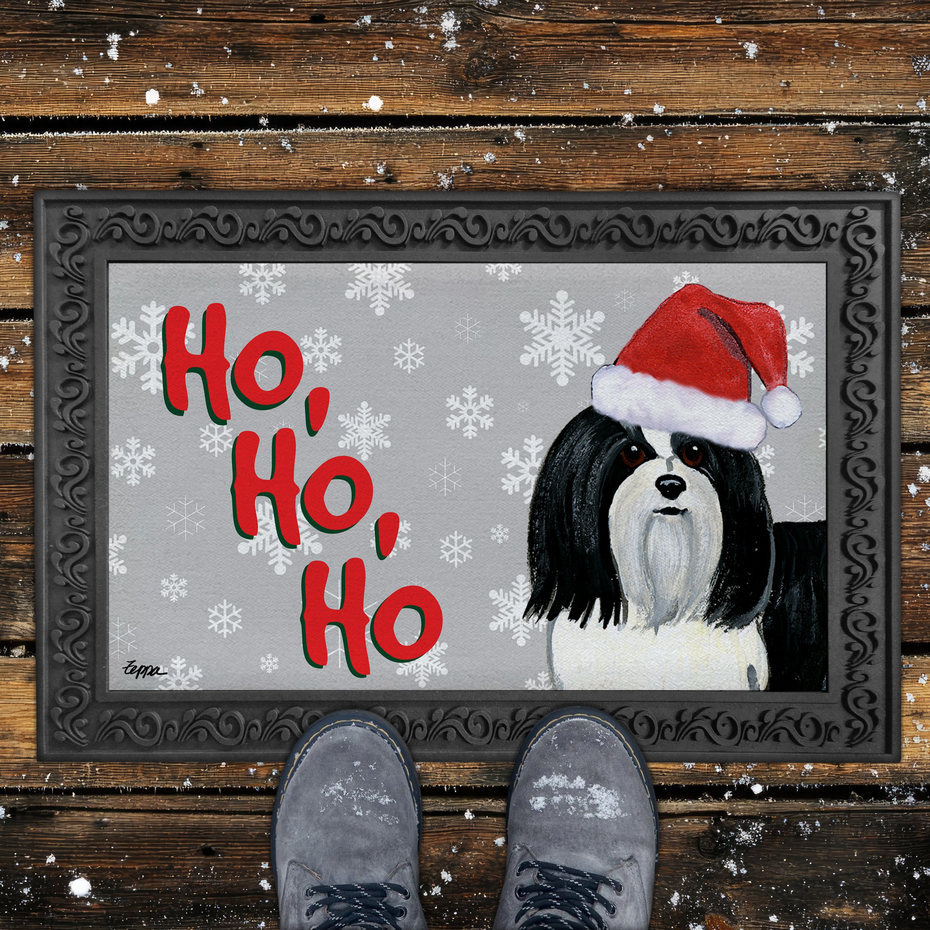 Black and White Havanese Ho Ho Ho Door Mat in Grey
